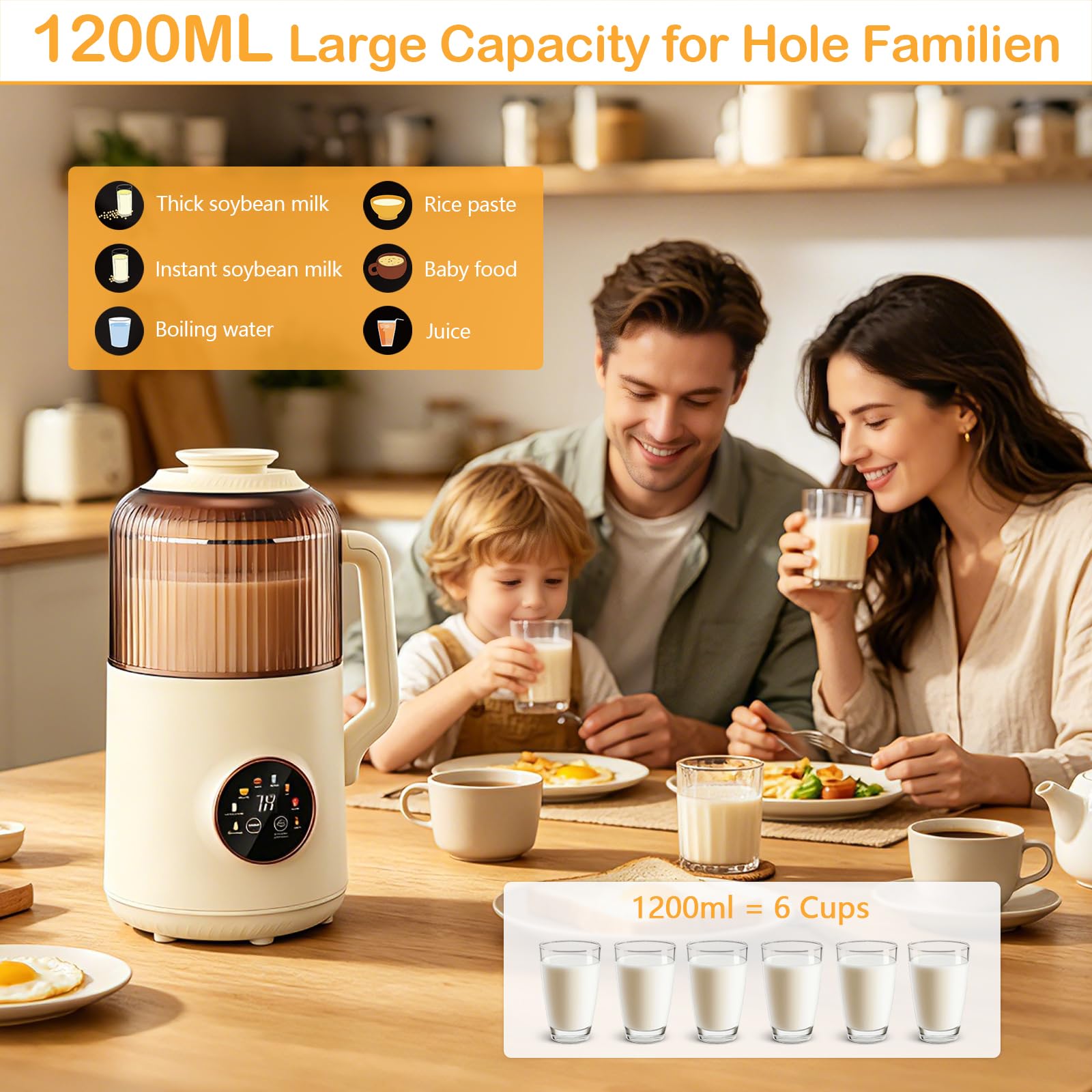 Macchina per Latte Vegetale 1200 ml con Autopulizia, Ideale per Latte di Mandorla, Latte di Soia & Smoothie, Motore ad Alte Prestazioni con Riduzione del Rumore, Senza BPA con Ricettario