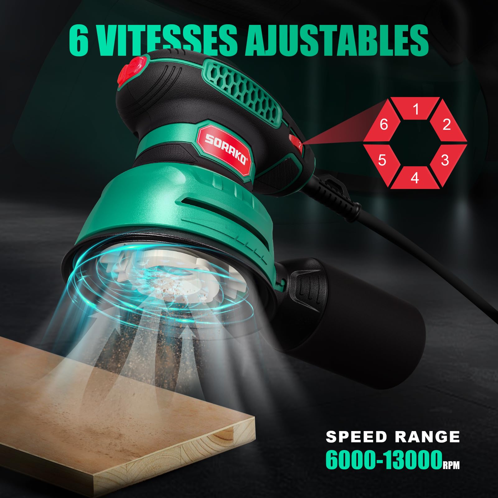 SORAKO Ponceuse Excentrique 350 W 125 mm, Ponceuse à 6 Vitesses avec Boîte