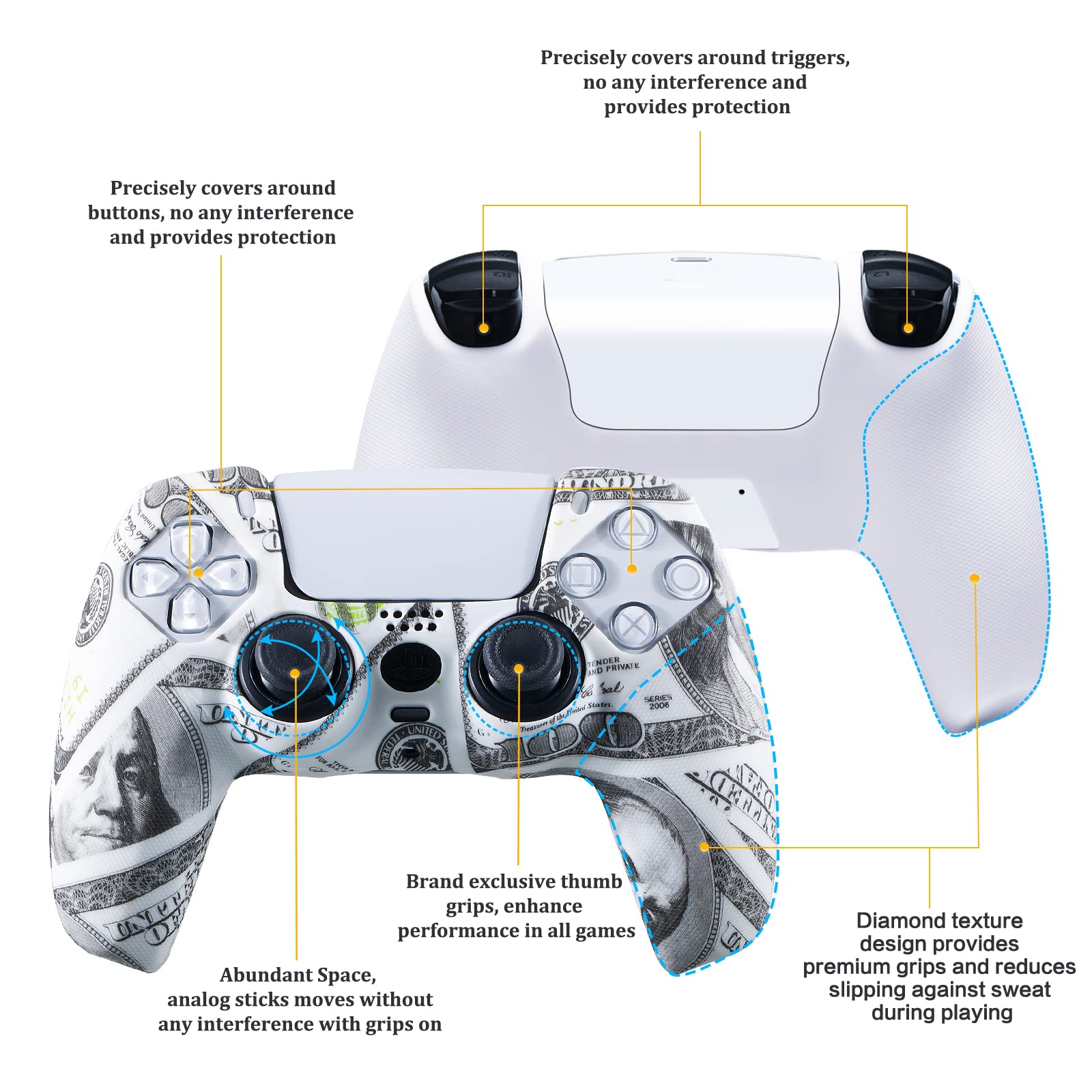 YoRHa Grip Texture - Funda de silicona para mando Dualsense de PS5 (2 dólares estadounidenses) con empuñaduras Pro Thumb x 8