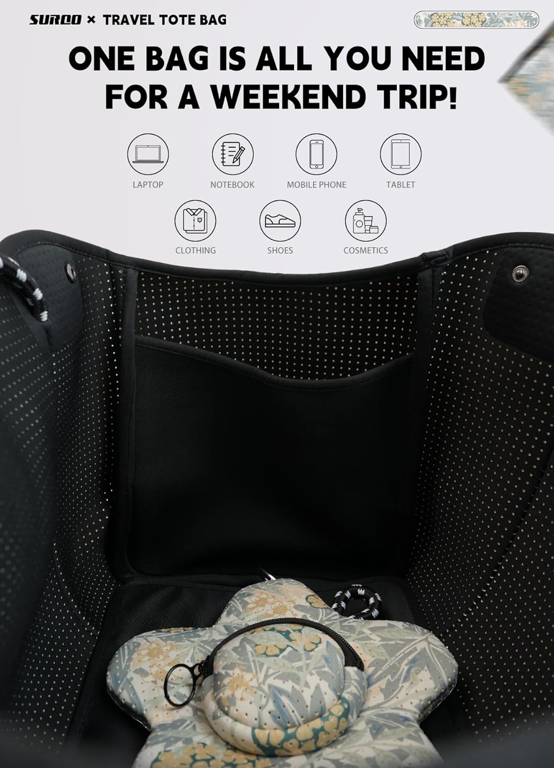 Neoprene Tote Bag for Women, Large Travel Beach Bag with Detachable Pouch, Stylish Lightweight Everyday Carryall - Image 5