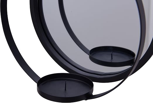 Danya B. Round Wrought Iron Pillar Candle Sconce with Mirror A Decorative Rustic Metal Hanging Wall Candleholder