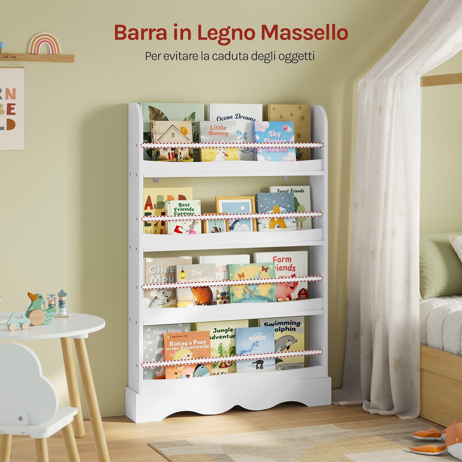 WOLTU Libreria Montessoriana per Bambini, Scaffale Porta Libri Salvaspazio a 4 Ripiani, Piccola Libreria a Muro in Legno, per Cameretta, Stanza dei Giochi, 80x12x118cm