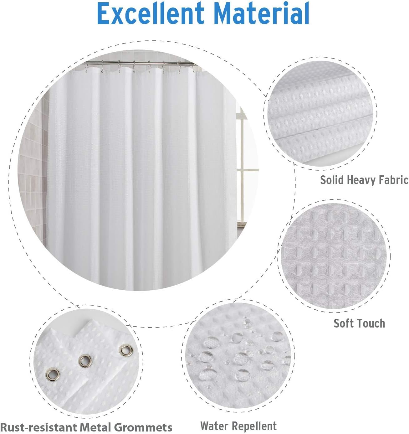 AmazerBath White Shower Curtain for Bathroom Waffle Shower Curtain 72x72 Inches Hotel Shower Curtain Machine Washable 230 GSM Heavy Duty White Honeycomb : Home & Kitchen