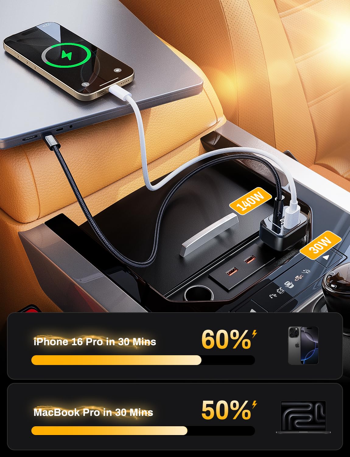 PD3.1 140 W pojedynczy port maksymalna moc wyjściowa USB-C ładowarka samochodowa 170 W maks. 2-portowa szybka ładowarka samochodowa typu C z wyświetlaczem w czasie rzeczywistym do MacBooka