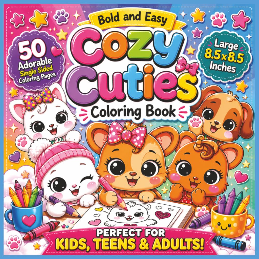 Cozy Cuties Bold and Easy Coloring Book: Super Cute and Relaxing Adorable Animal Friends, Sweet Cozy Scenes, Kawaii-Inspired Fun, Stress-Relieving ... Relaxation, Creativity and Cozy Coloring Fun