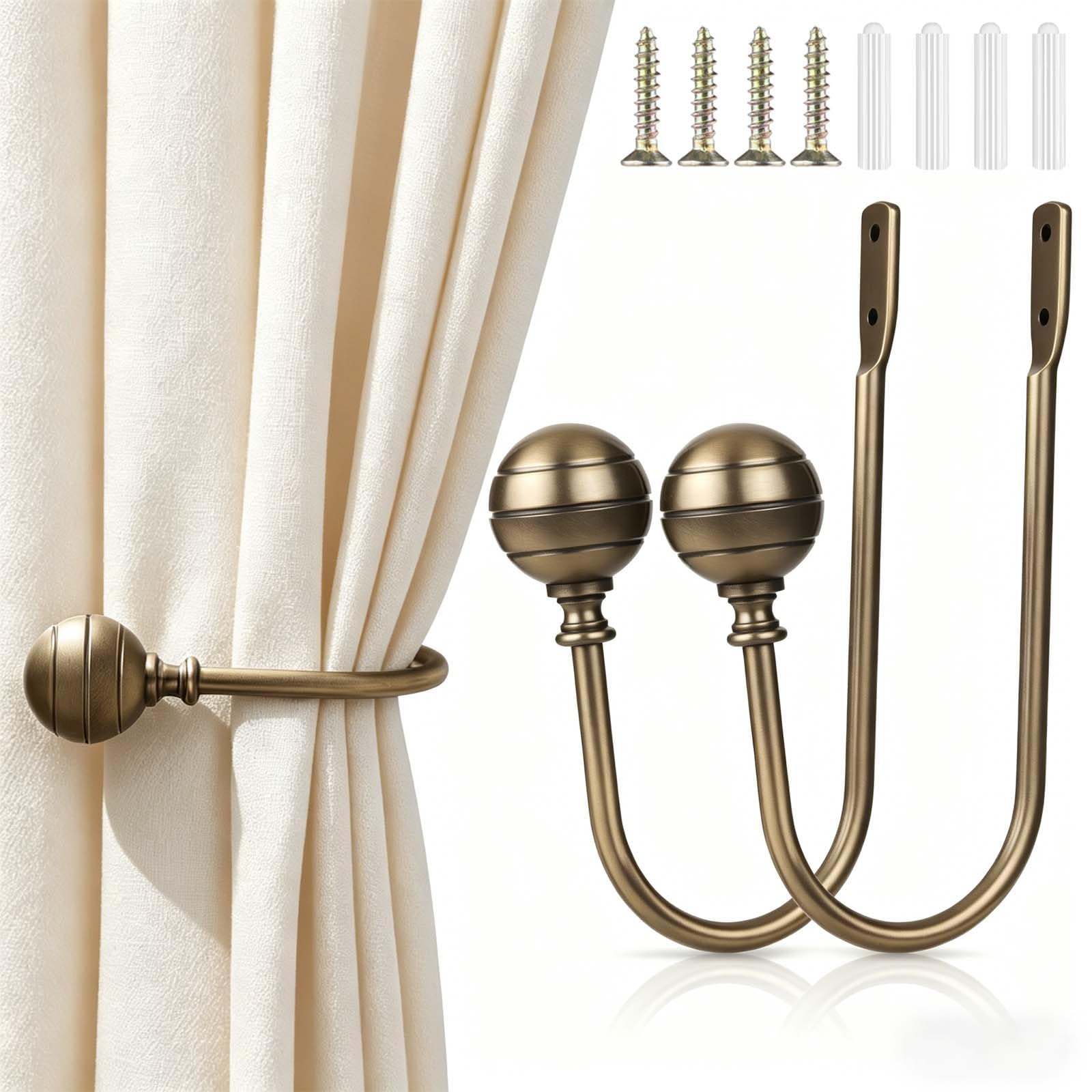 Large Curtain Tieback Holdbacks, 2pcs Metal Curtain Hooks for Wall Mounted, Curtain Drapery Holder Pull Backs for Hanging Items, Thickened Curtains Window Decoration, Antique Brass