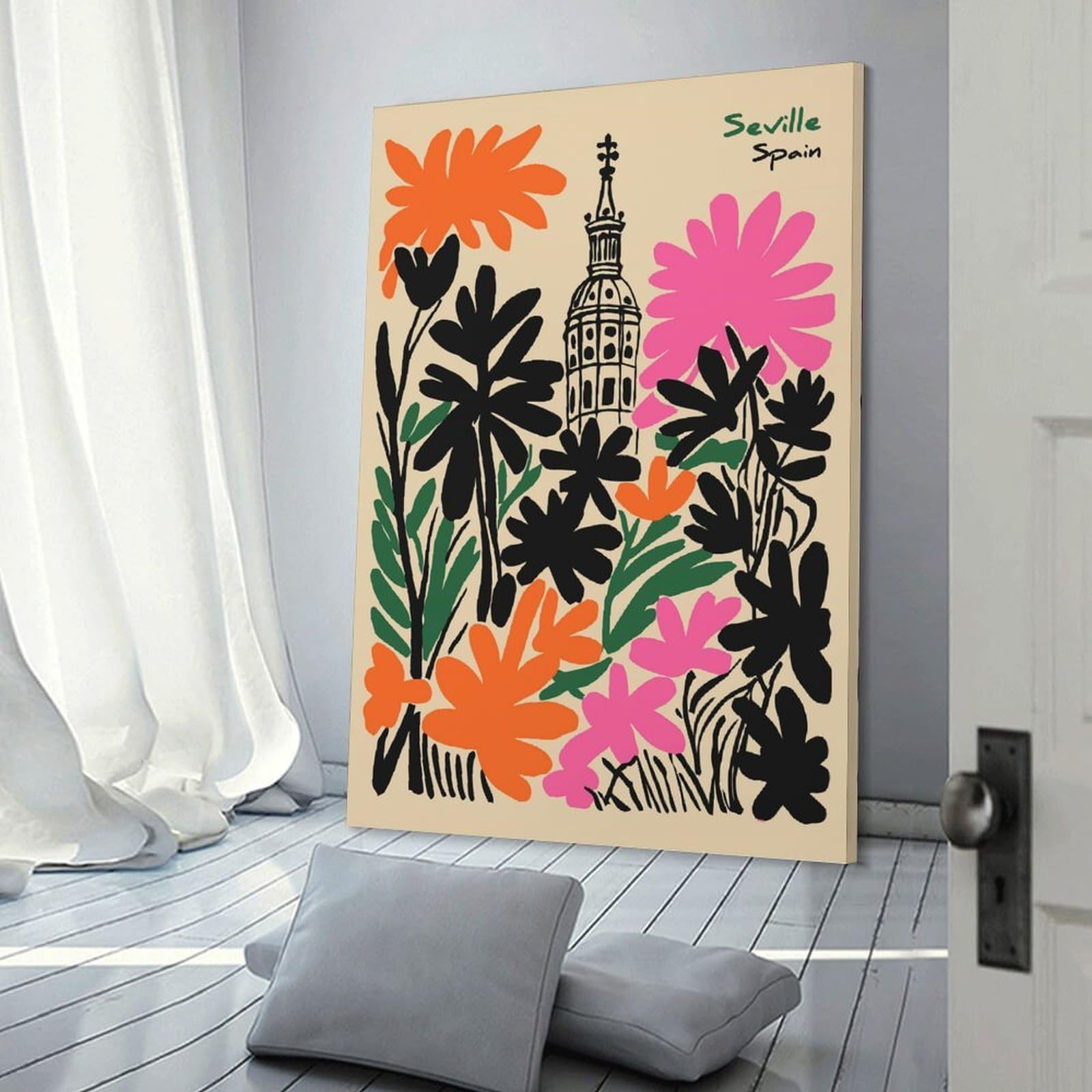 Junmoney Seville Spain Floral Illustration Canvas Wall Picture, 20x30inch(50x75cm), for Wall Displays, Bedrooms Or Room Updates, Wall Decor Suited to Curated Displays