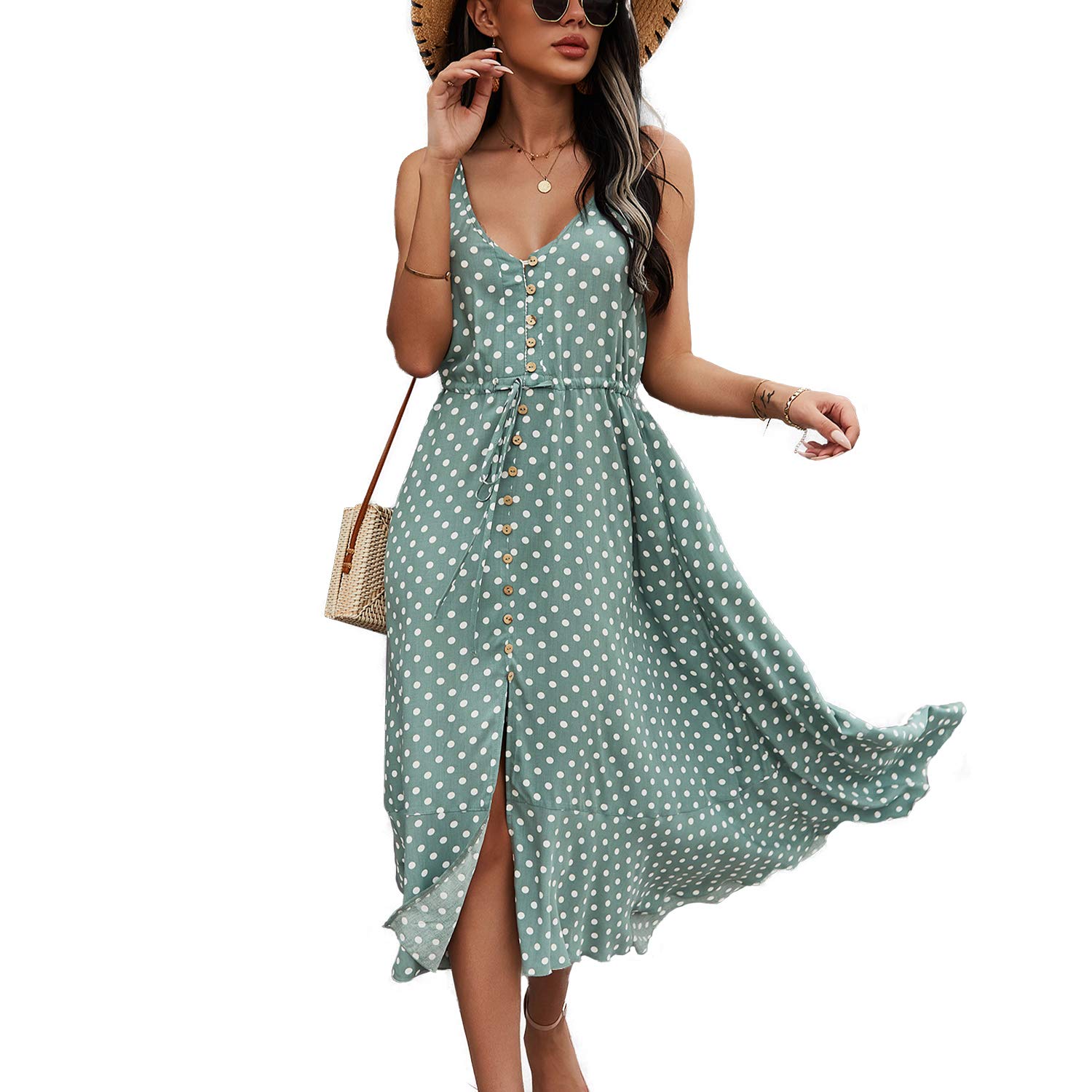 Women's 2025 Summer Casual Boho Sundress Polka Dot Spaghetti Strap V Neck Flowy Midi Dresses