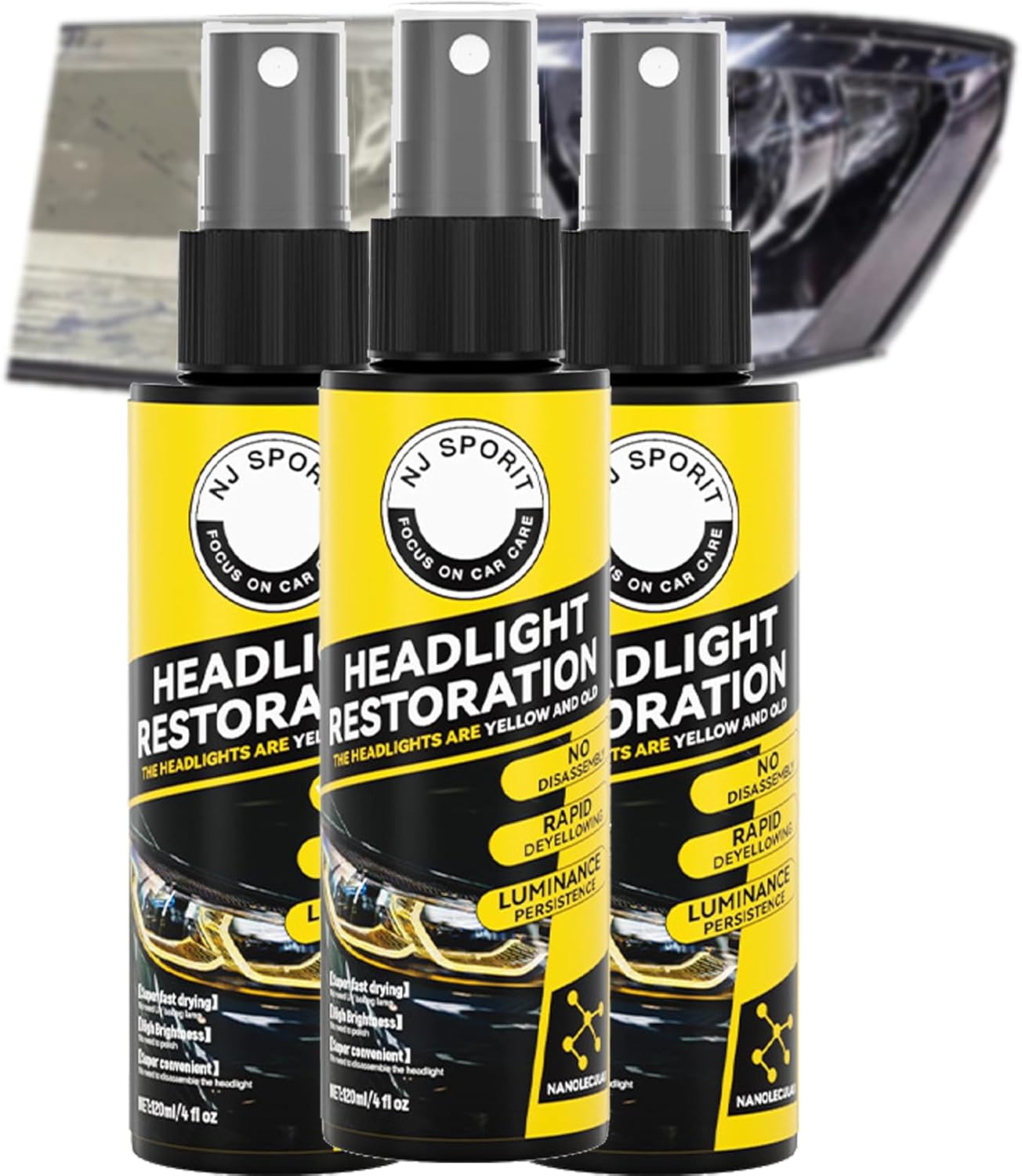 Amazon.co.jp 車のへツドライト修復スプレー、車 ヘッドライト 黄ばみ取り、ヘッドライト 黄ばみ取り スプレー、NJ SPORT HEADLIGHT RESTORATION、拭くと