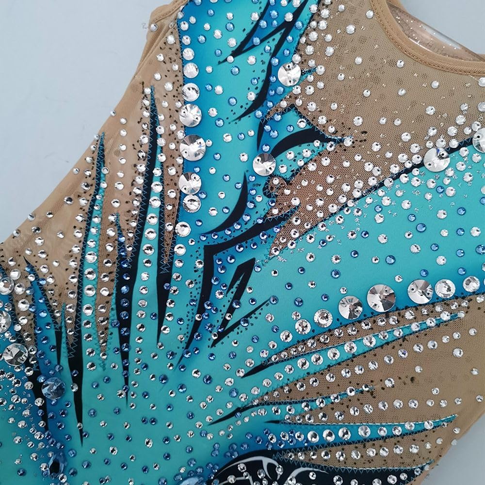 LIUHUO Justaucorps de gymnastique rythmique dégradé bleu-vert de luxe Flash Diamond Girl Compétition Performance
