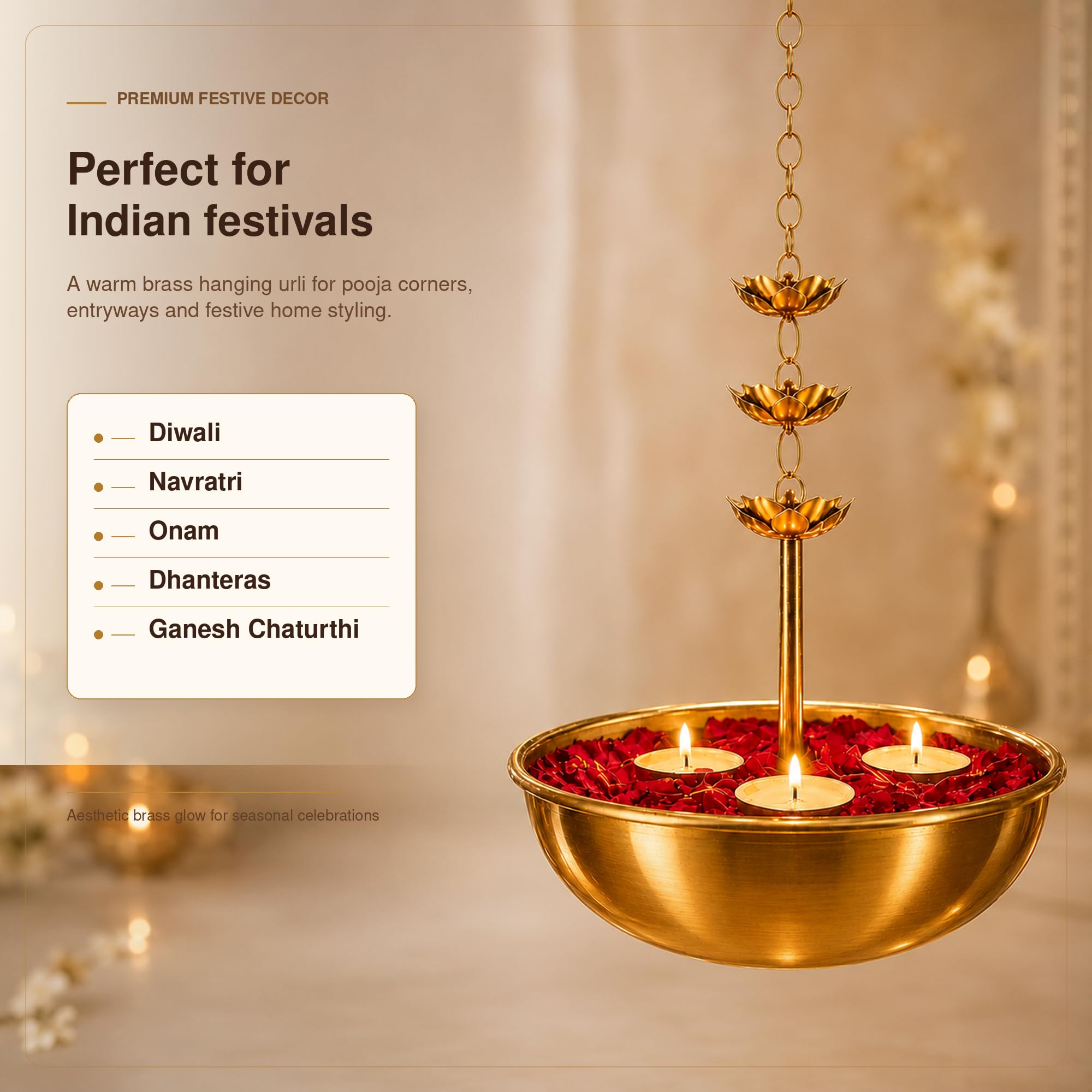 Hanging Urli Bowl for Home Decoration | Metal Urli Pot with Lotus Chain for Floating Flowers & Candles | Diwali Decoration Items for Home | Door Hanging Tealight Holder | Golden, Set of 1 1