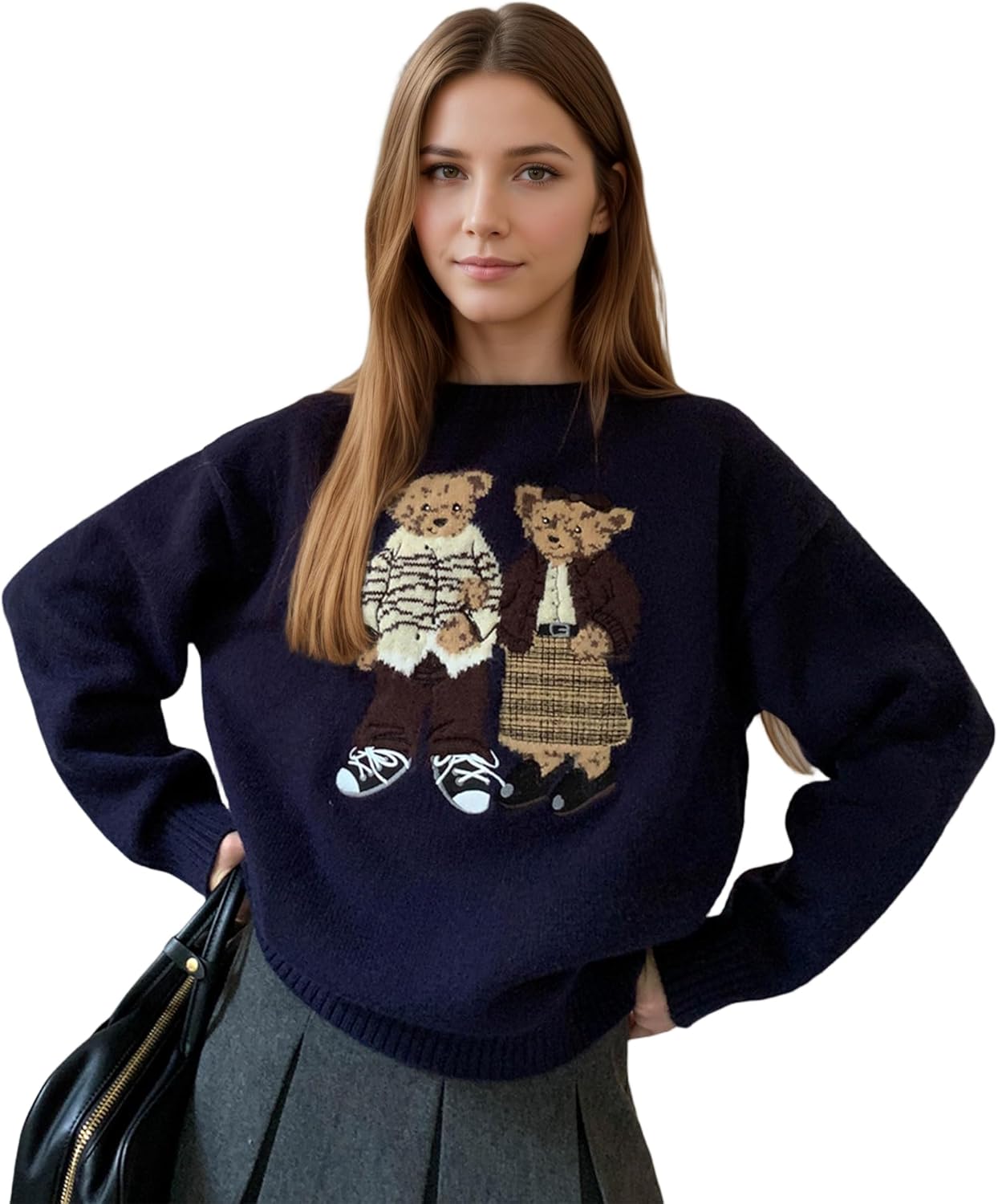 zvyubn Cute Sweater Women's Fall Long Sleeve Crew Neck Pull On Teddy Bear Sweaters Casual Warm Tunic Outfits