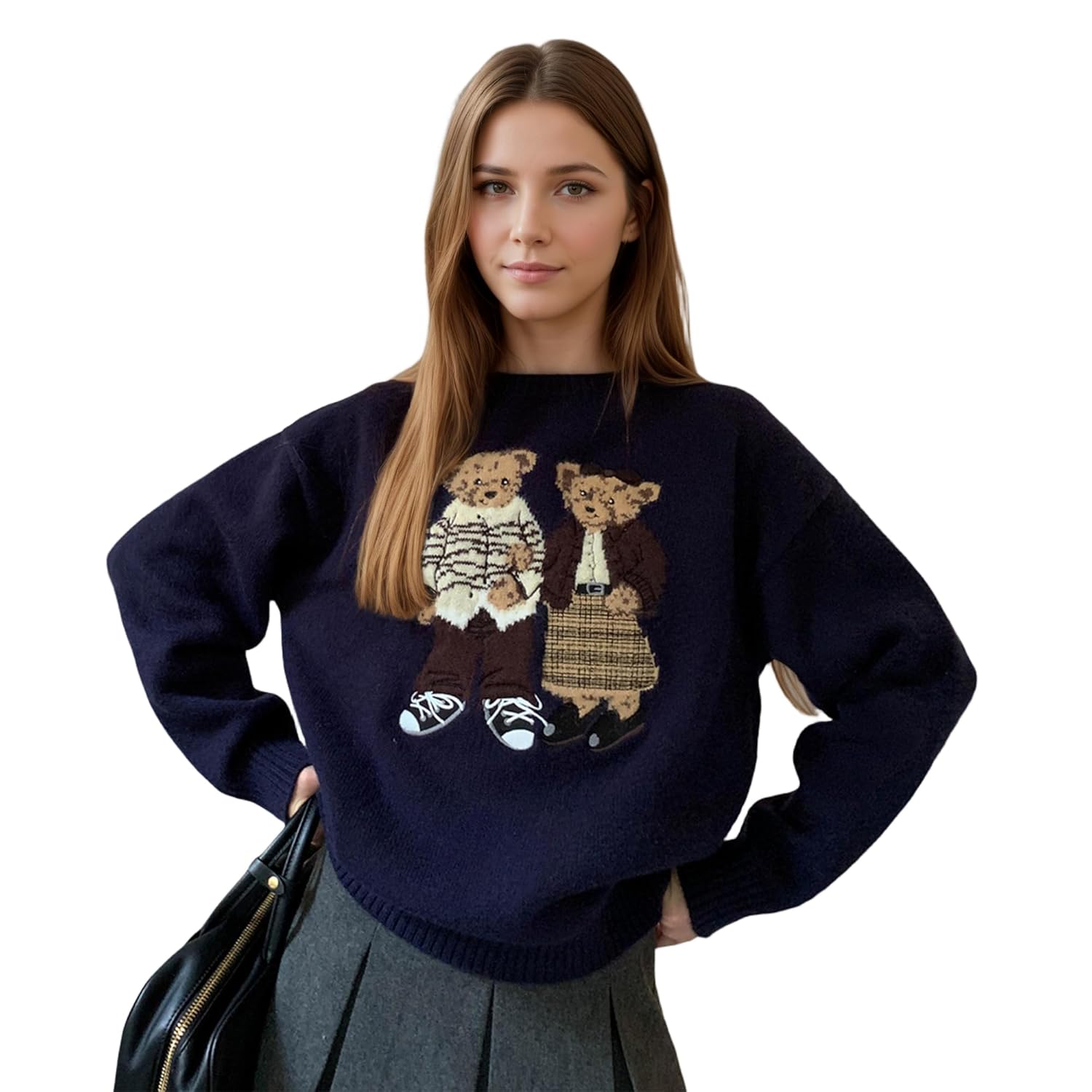 Cute Sweater Womens Fall Long Sleeve Crew Neck Pull On Teddy Bear Sweaters Casual Warm Tunic Outfits