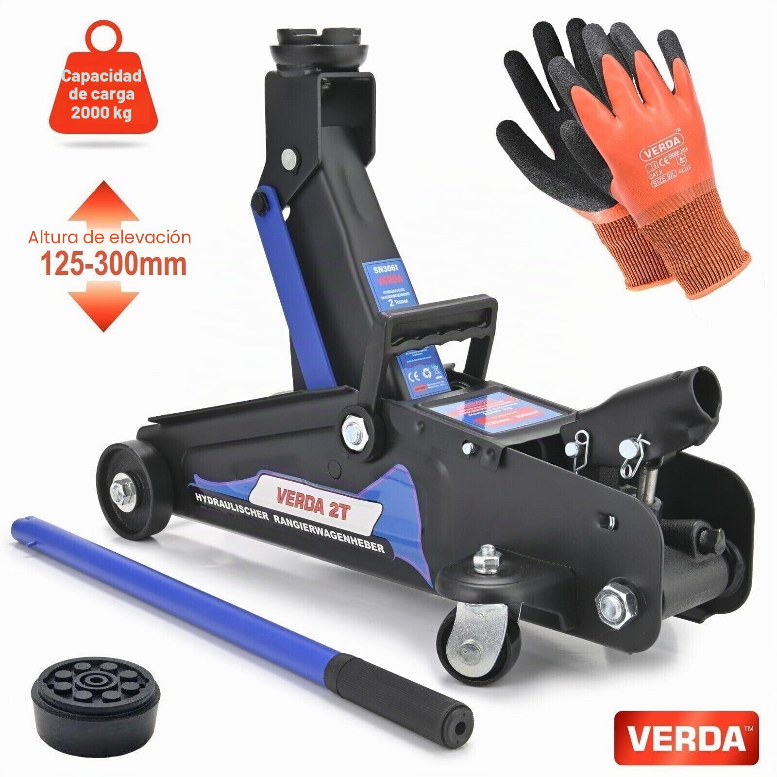 Gato hidráulico 2T, 140-310mm + almohadilla de goma + guantes de montaje + caballete de apoyo Gato elevador hidráulico, todoterreno, SUV, Jeep autocaravana elevador de coche profesional (altura de