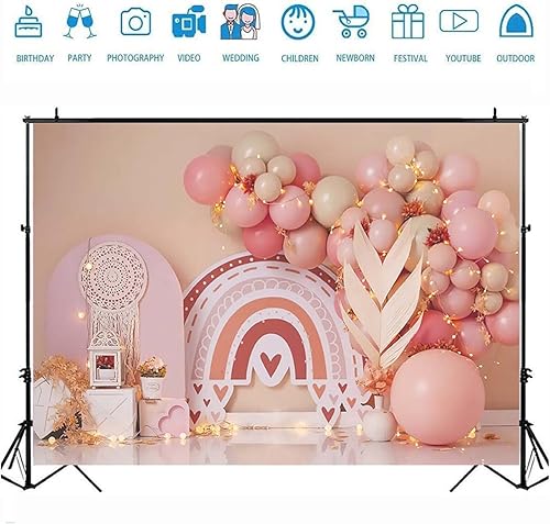 Miniatura 6 de XUNJIN NO.01 - Telón de fondo bohemio para fotografía de arco iris, globo bohemio para fiesta de primer cumpleaños, fondo de atrapasueños, hierba de
