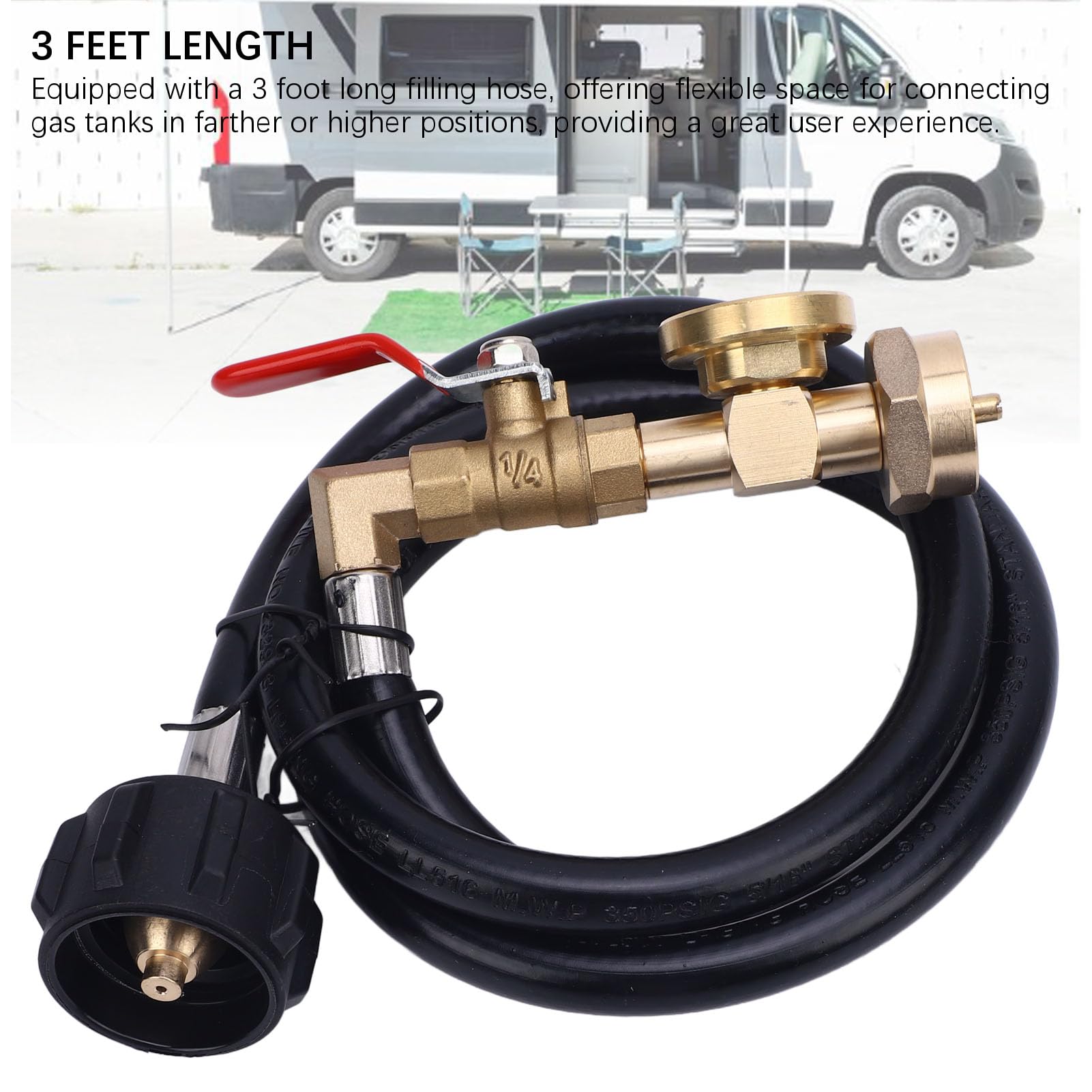RV Gas Refill Adapter Hose with Gauge and ON Off Control Valve 3 Feet Gas Tank Extension Hose for 1 Lb Gas Tank — view 2