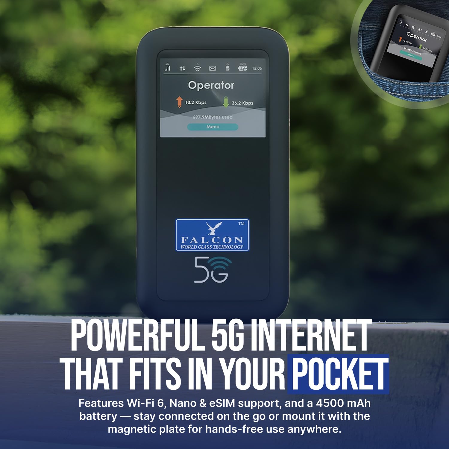 Falcon EVO Mobile Deluxe – Portable 5G Amplified Antenna Including 3400Mbps 5G Portable Router (Nano & eSIM Compatible) + Accessories