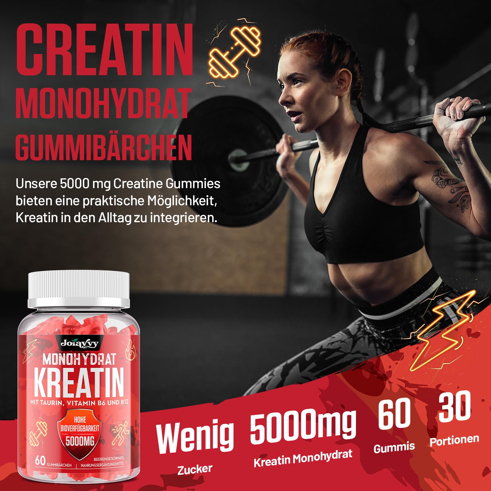 Joiavvy Creatin Monohydrat 5000mg Pro Portion, Gummibärchen für Männer und Frauen, mit Taurin, Vitamin B6 und B12, Vegan, Beerengeschmack (60 Stück (1er Pack))