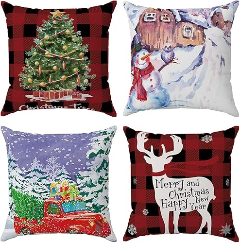 Juego de 4 fundas de almohada con diseño de Feliz Año Nuevo y Feliz Navidad, decoración de sofá para cama, muñeco de nieve, camión rojo, árbol de