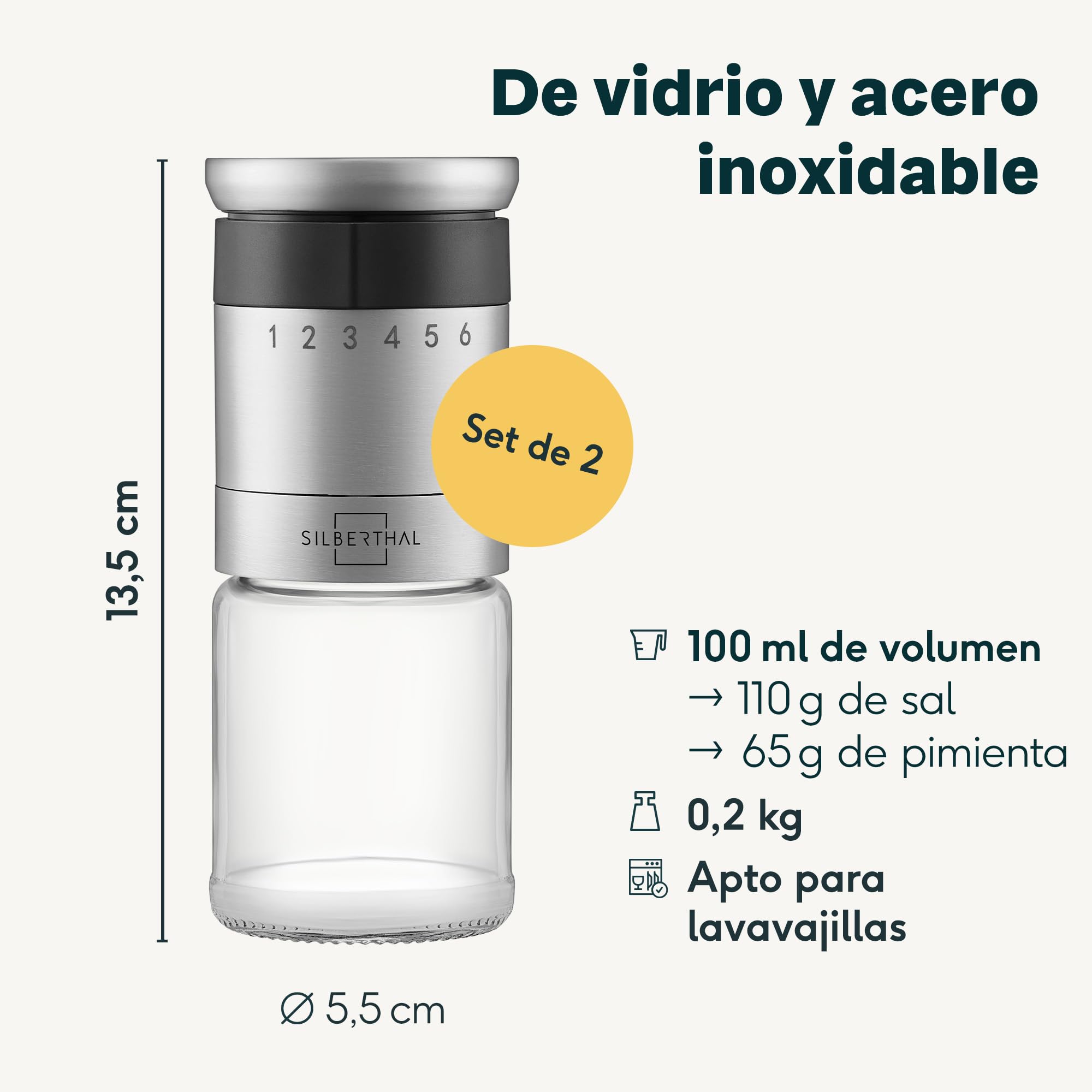 SILBERTHAL Set 2 molinillos de pimienta y sal - Ajustable a 6 niveles - Muela cerámica - Tapa hermética y cristal apto para lavavajillas
