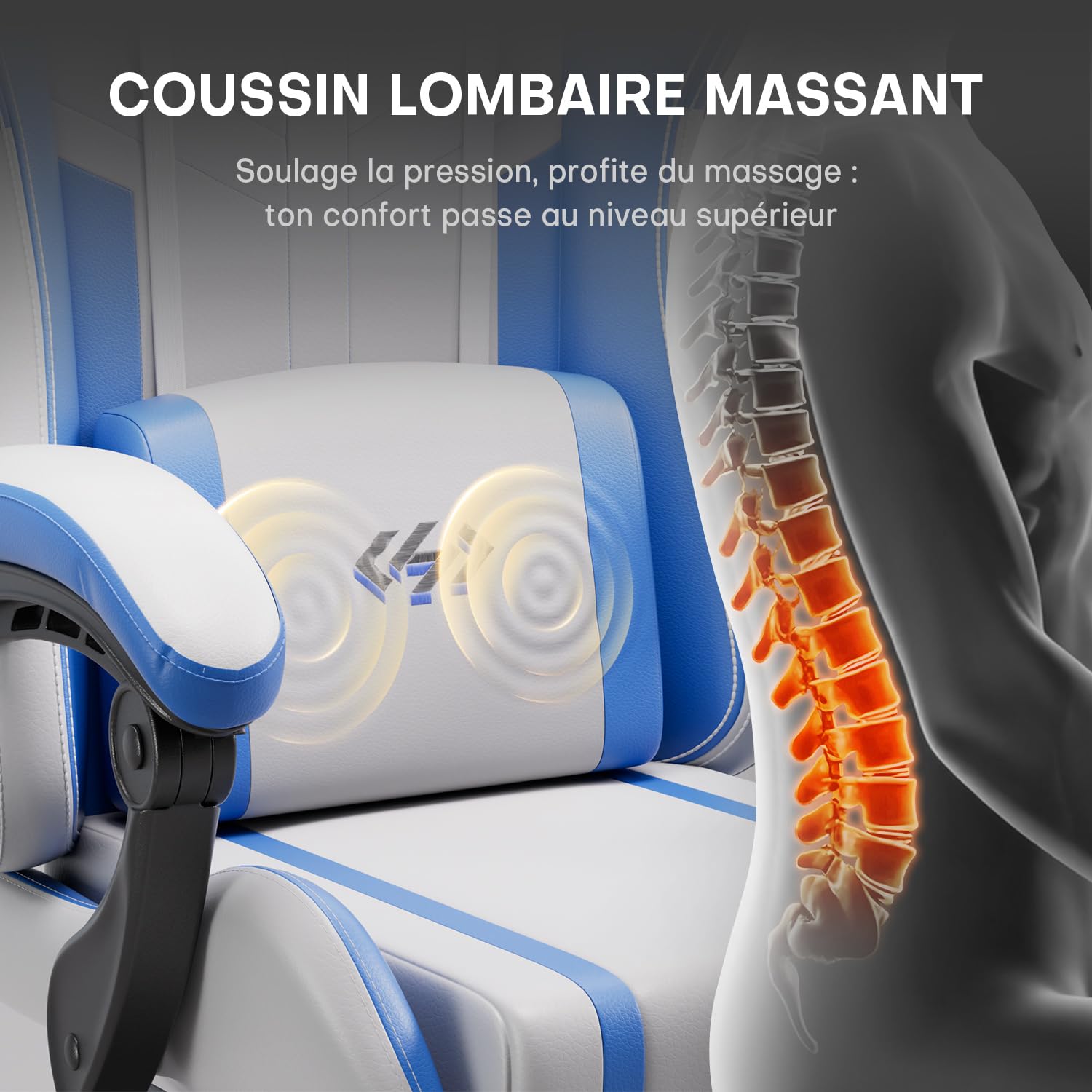 HLFURNIEU Chaise Gaming Massante, Chaise Gamer avec Coussin à Ressorts Ensachés, Fauteuil Gaming avec Coussin Lombaire Massant et Repose-Pieds, Appui-tête, Siège Gaming Blanc et Bleu