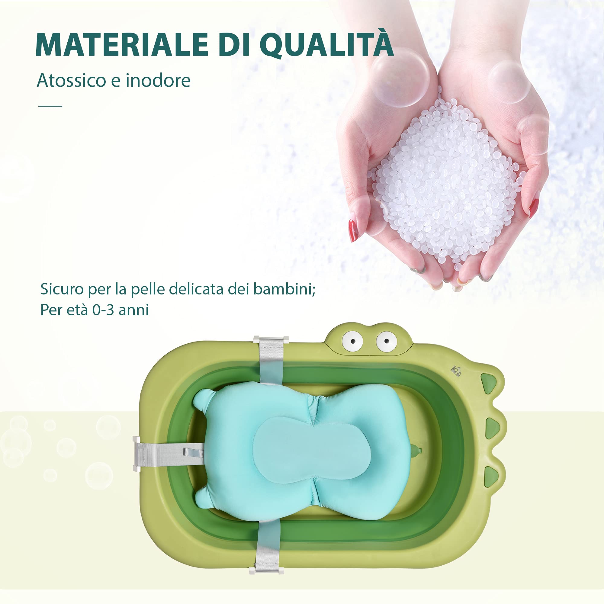 HOMCOM Vaschetta Bagnetto Pieghevole per Bambini 0-3 Anni con Cuscino Regolabile Azzurro e Piedini Antiscivolo, 80x53.9x20.8cm Verde