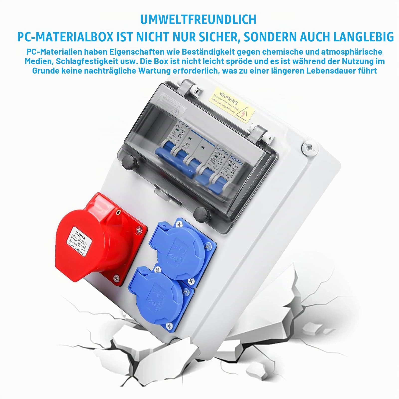 Verteilerkasten Baustromverteiler Wandverteiler mit Leitungsschutzschalter 2x Schuko & CEE 16A Steckdosen, Wasserdicht Stromverteiler komplett verdrahtet für Innen/Außen, Holzwand/Zementwand