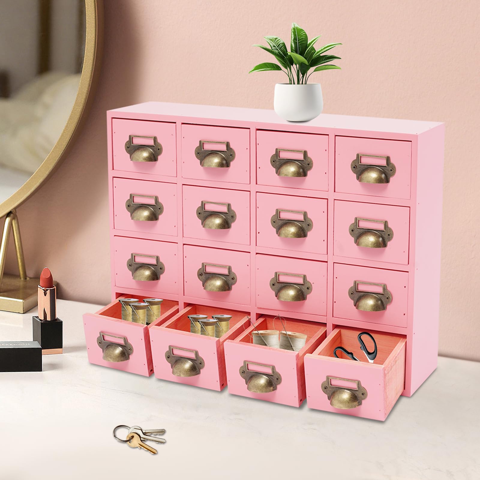 Mini cassettiera in legno con 16 cassetti | Armadietto portaoggetti vintage da tavolo, organizer per cancelleria, gioielli, medicinali, 50 x 10 x 35 cm