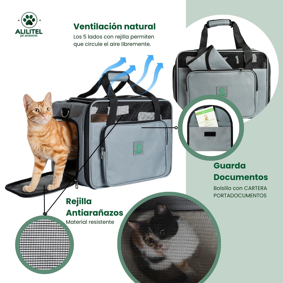 Transportin Gato Perro, Mochila Transporte para Mascotas, Transportin Transpirable con Asas y Correa de Hombro, Incluye Organizador de Documentos