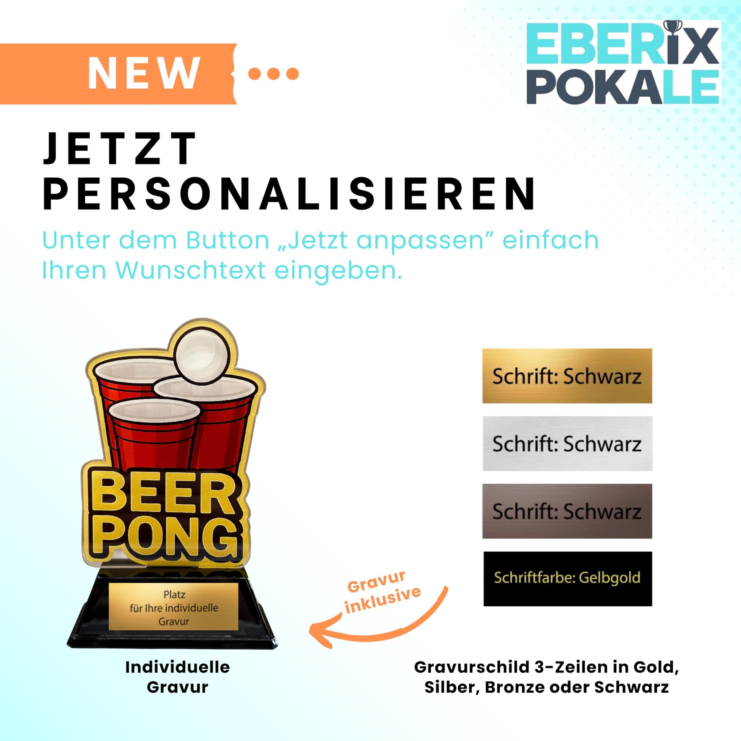Beer Pong Acryl Pokal 15 cm hoch – Trophäe mit Gravurschild – Award für Partyspiele & Fun Events – personalisierbar