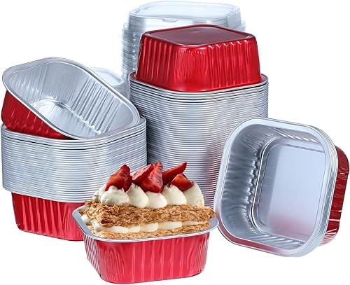 Qunclay 100 tazas de papel de aluminio para hornear, moldes desechables de 10 onzas con tapas, forros cuadrados para cupcakes, recipientes para