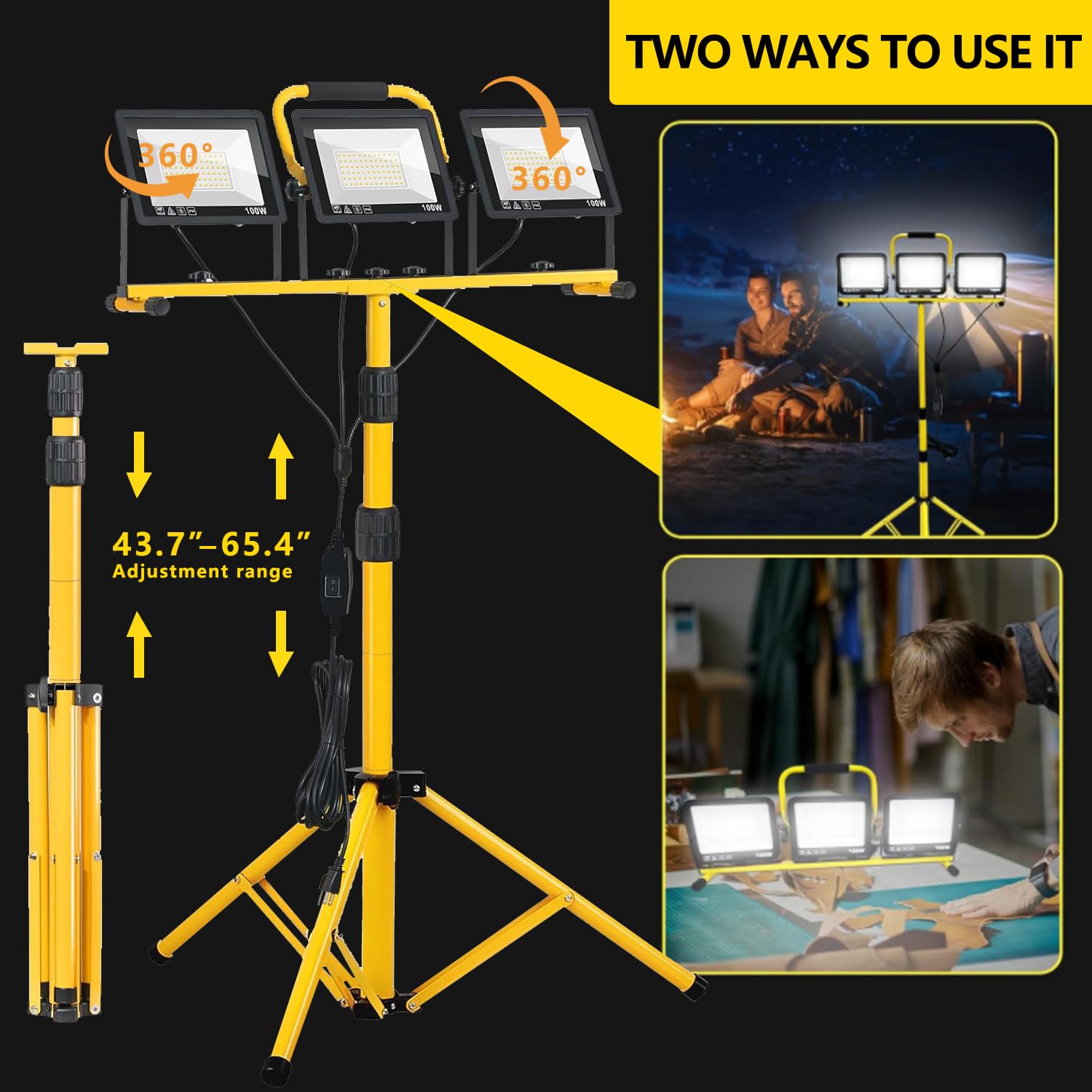 32000LM LED Work Light with Tripod, 3x100W 3-Head Floodlight, Plug