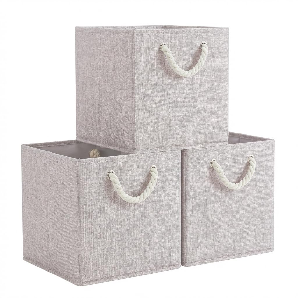 Mangata 3 Pack Storage Cubes for Shelves, Fabric Storage Boxes with Cotton Rope Handles Home Organization, Collapsible Baskets for Organizing Clothes Toy Nursery 33x38x33cm, Cream — image 1