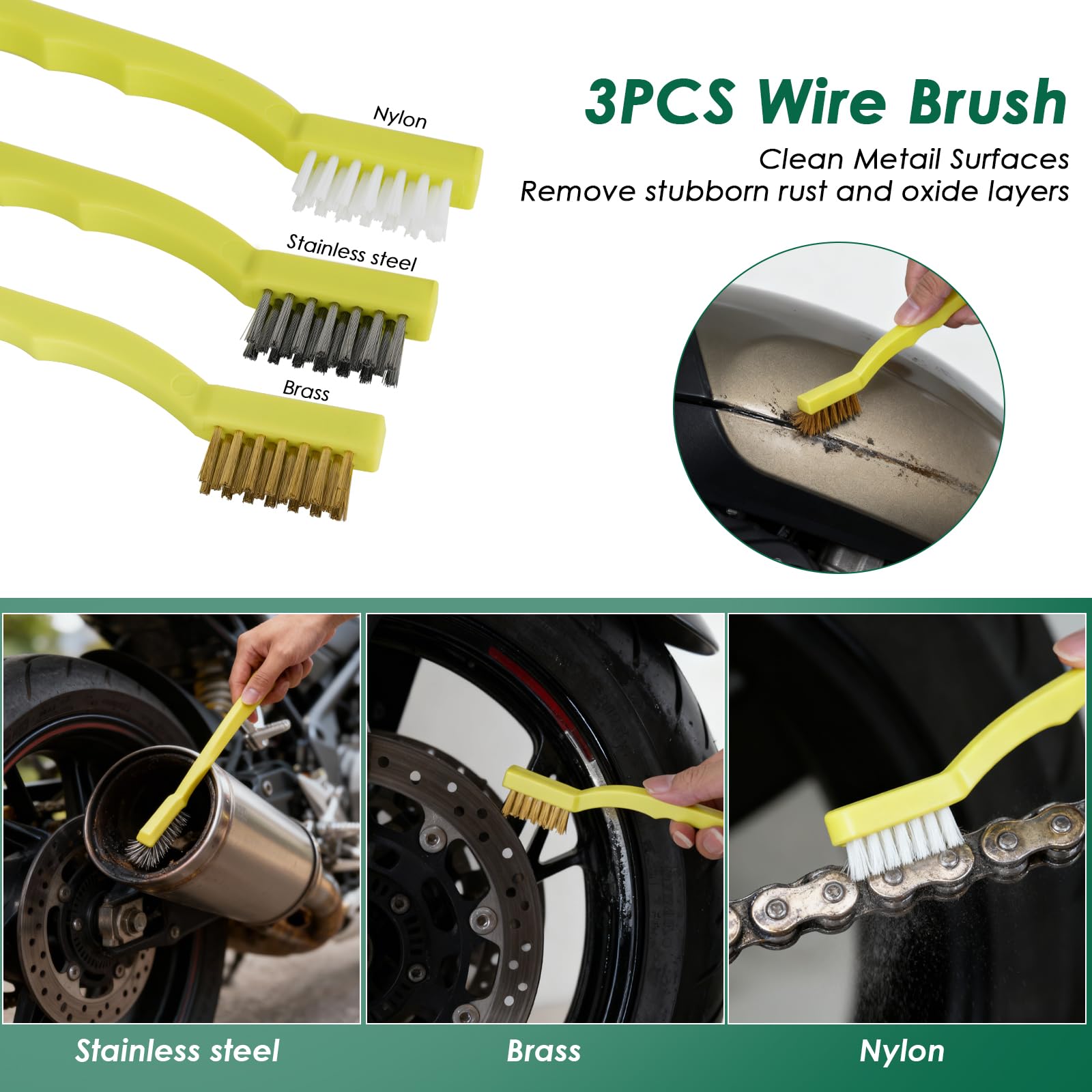 Paquete de 9 kits de limpieza de motocicleta, kit de detalles de motocicleta con cadena, rueda, llanta, cepillo de neumáticos, esponja, guante de lavado, cepillo de detalles, herramienta de