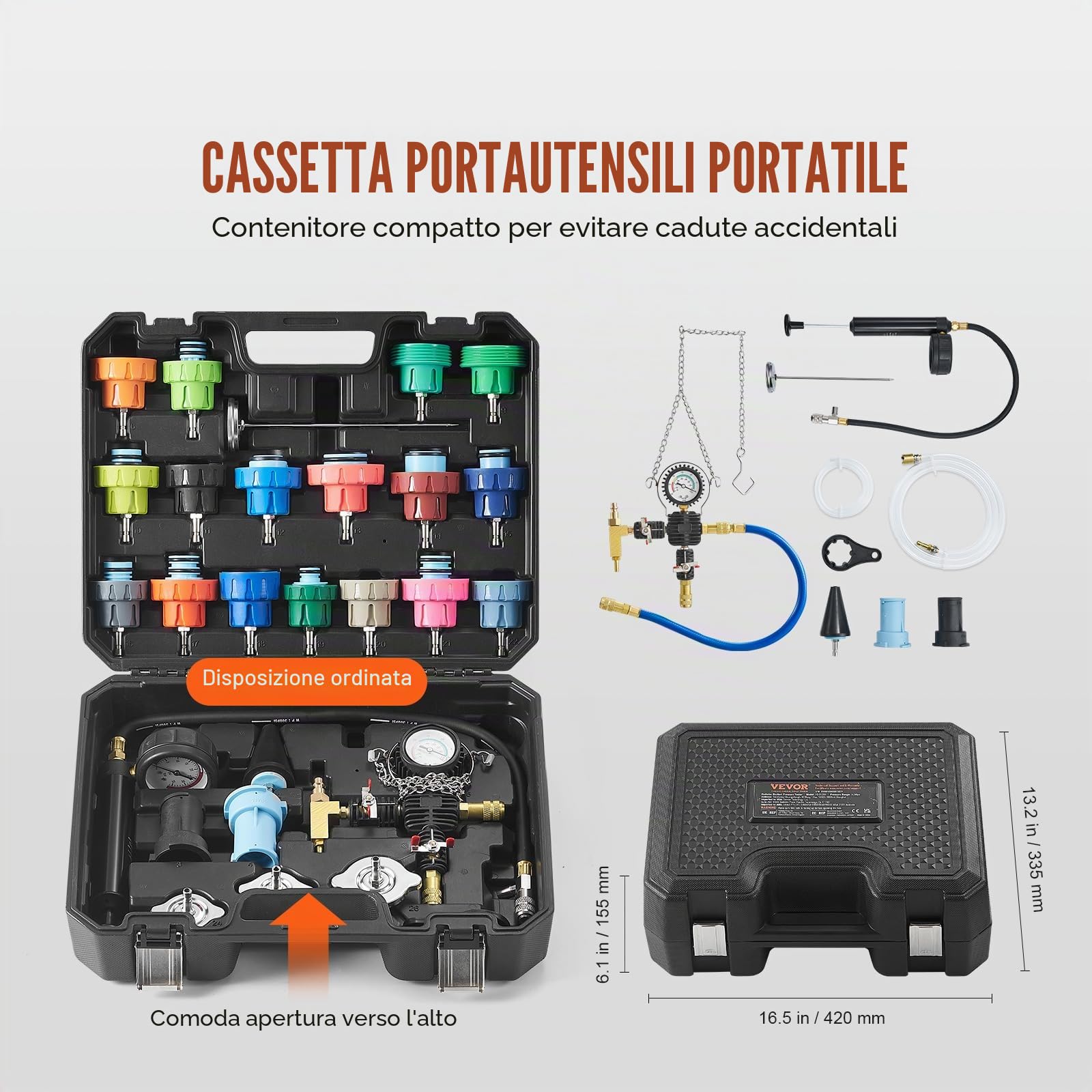 VEVOR Kit Tester Universale per Pressione del Sistema di Raffreddamento Sostituzione del Radiatore, Kit Adattatori per Pompa a Mano Kit Tester per Pressione con Valigetta Portatile Auto Moto Camion