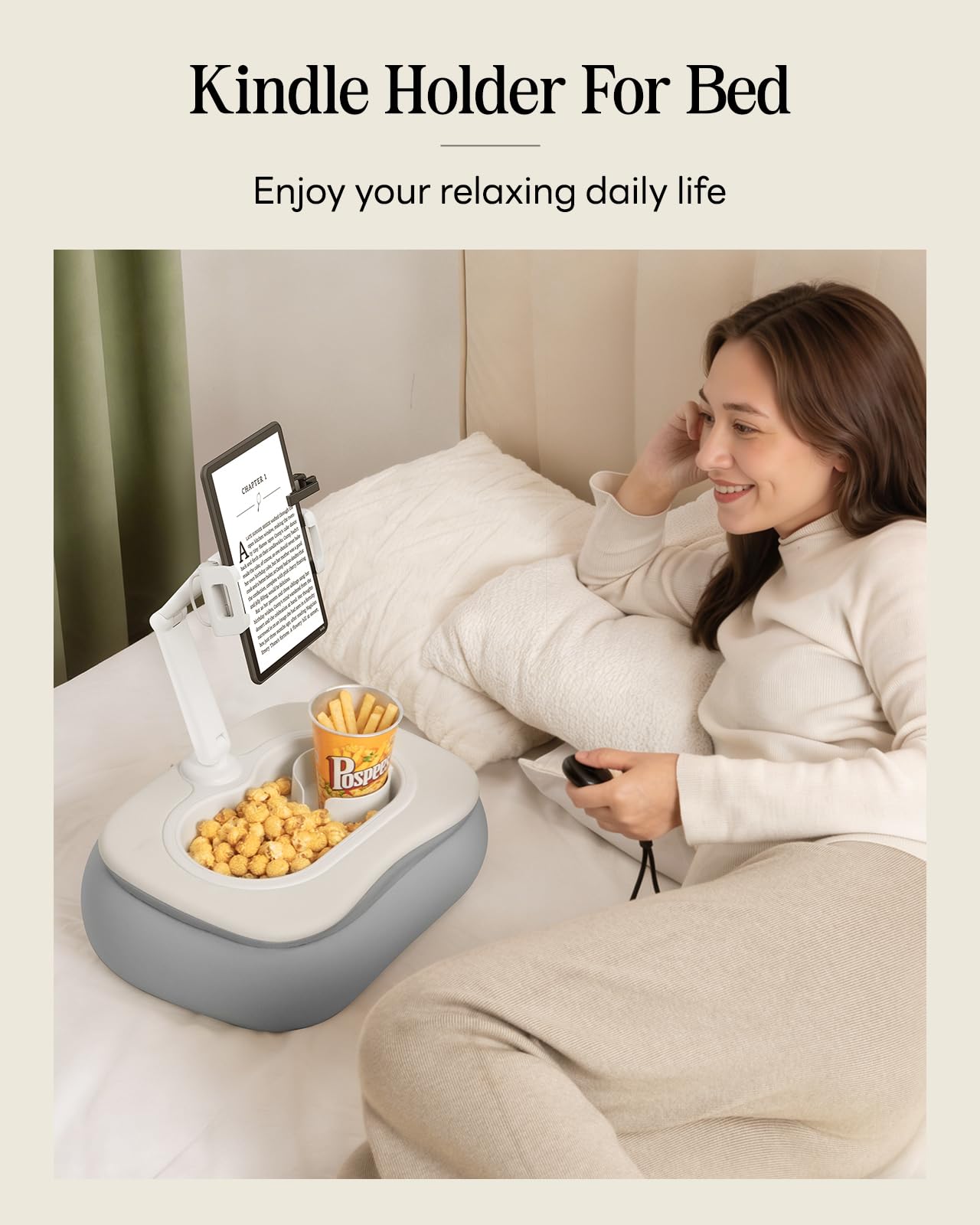 SAIJI Tablet-Kissenständer für Bett, verstellbarer iPad-Halter mit lebensmittelechter Snackschale, Kindle-Zubehör zum Lesen, geeignet für 11,9–33 cm (4,7–13 Zoll) Kindle, Handy, Tablet, Grau