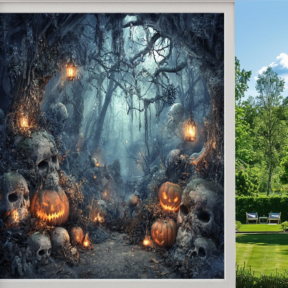 Gothic Country Halloween Stained Glass Window Film, Dark Skull Fantasy Pumpkin Peel and Stick Privacy Film, Frosted Adhesive Vinyl Decorative for Bathroom Windows Glass Doors,（90x140cm）