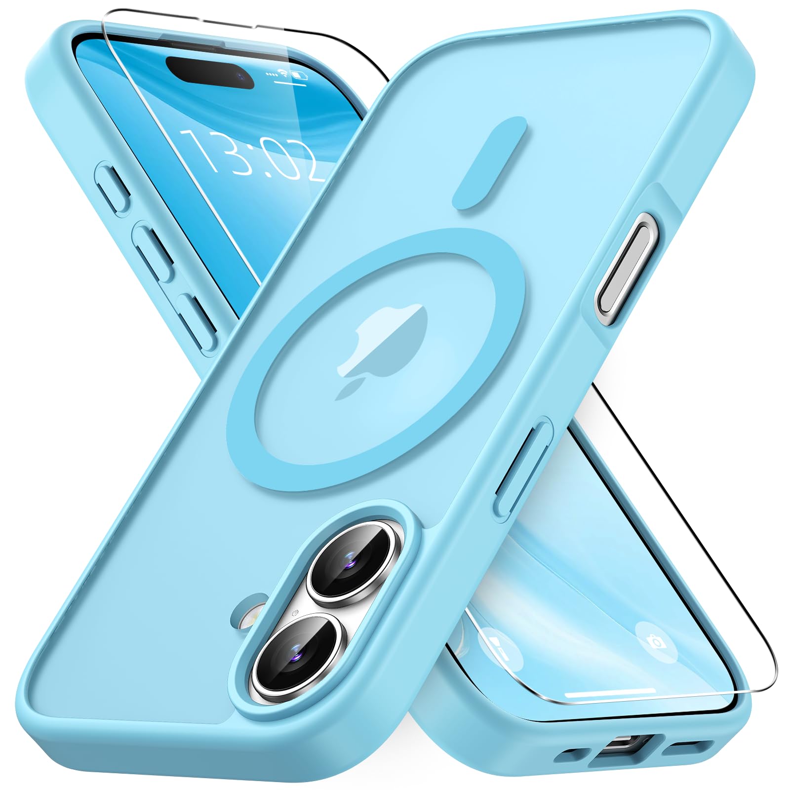 Vansdon Cover Magnetica per iPhone 16 con 1 Pezzi Vetro Temperato, Compatibile con Magsafe, Protezione anticaduta di livello militare, Custodia Traslucida Opaca Sottile Antiurto-Azzurro chiaro