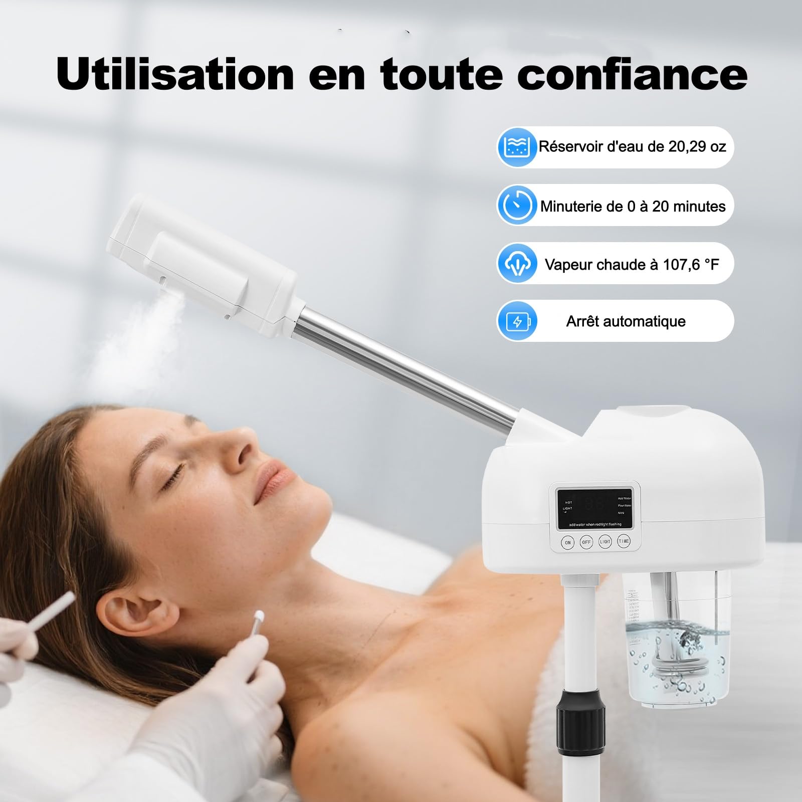 Cuiseur Vaporise Facial Professionnel, 42 °C Cuiseur Vapeur Visage Multifonctionnel Brumisateur Hydratante Eau avec 360 ° Buse Pivotante, Vapozone Esthétique pour Salon et Usage Domestique