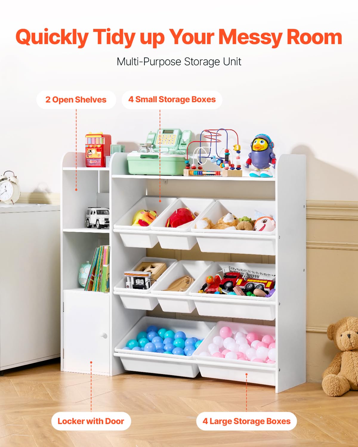 VEVOR Meuble de Rangement Jouets Enfant à 4 Niveaux avec bibliothèque, étagère d'organisateur de Jouets avec 8 bacs en Plastique Flexibles, pour Salle d'étude, Chambre, Salle de Jeux, crèche, Blanc
