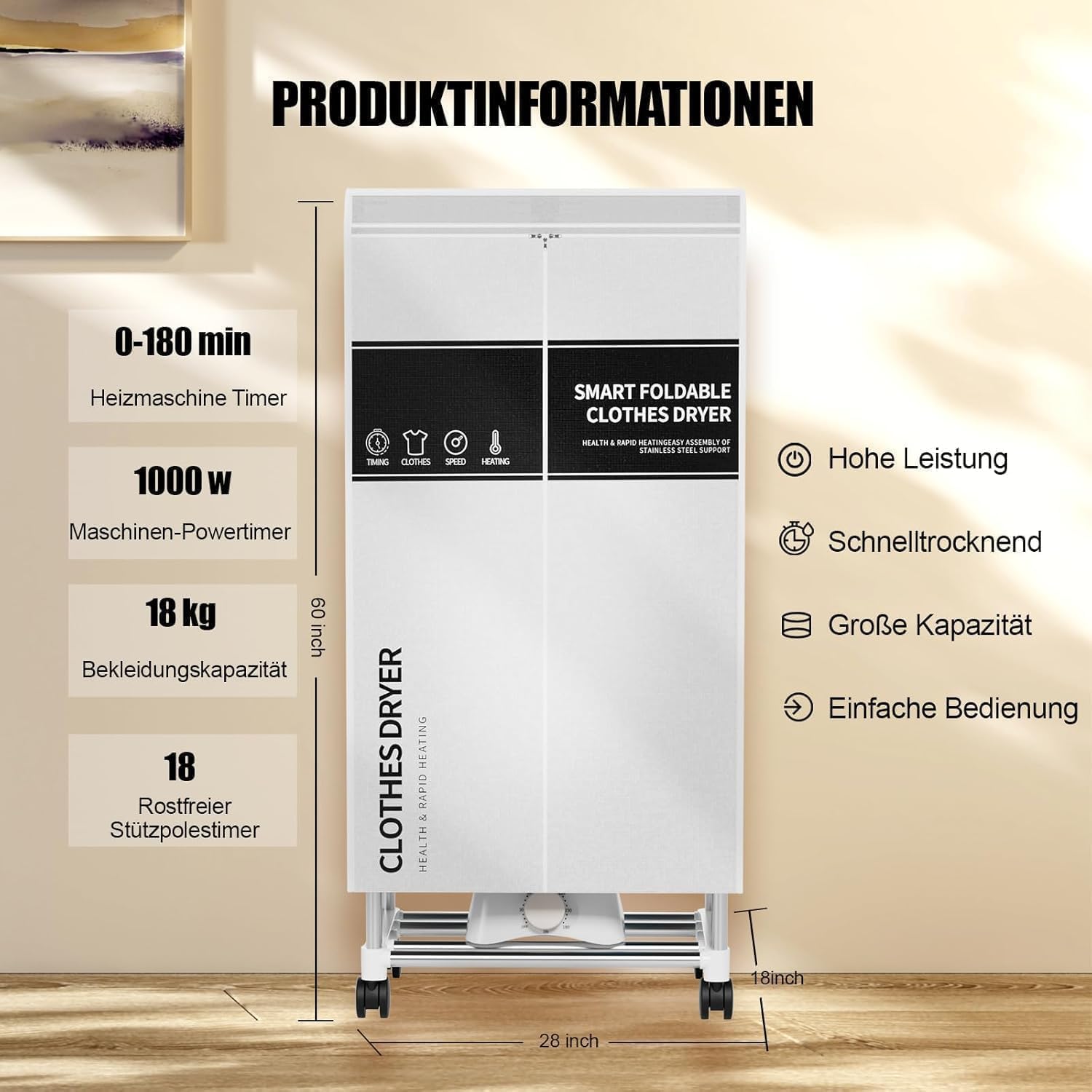 Kiseely Wäschetrockner, Tragbare Trockenmaschine mit Timer, 60inch, elektrischer Trockner für Zuhause (Grau VT8)