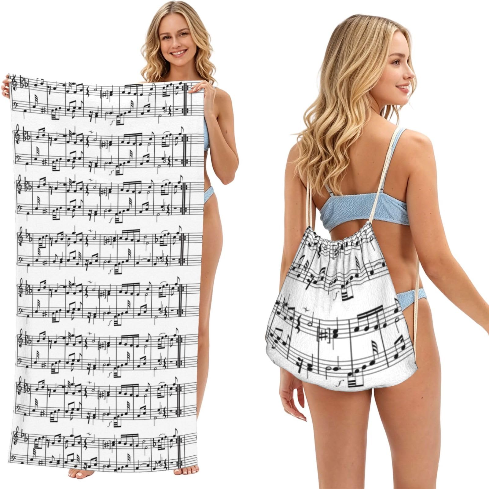 Poadnly As Picture Music Notes, 2 In 1 Packable Towel Bag, Beach Towels With Drawstring Backpack For Travel Holiday Camping