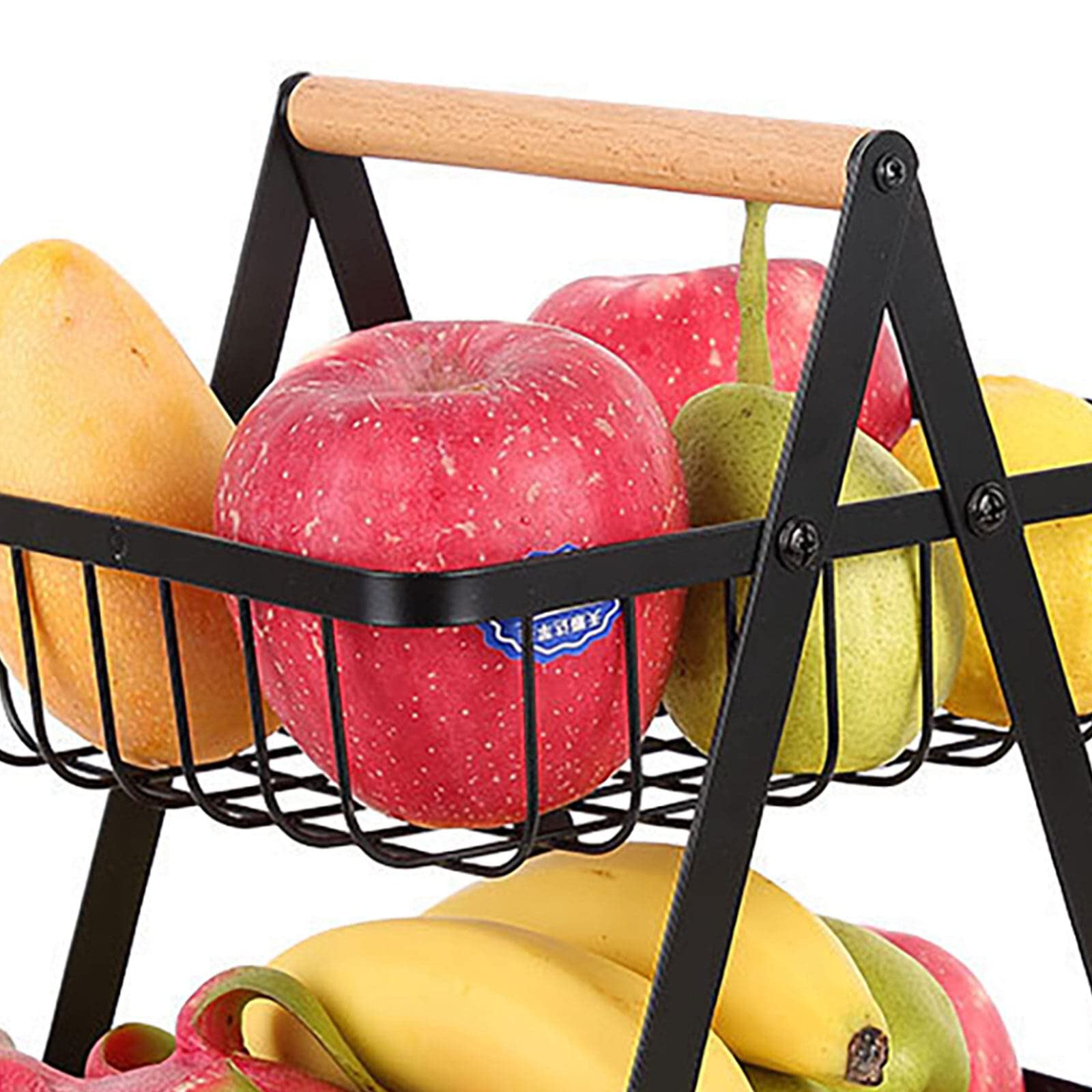 Corbeille à Fruits 2 Étages Noir Avec Poignées En Bois - Détachable, Acier Carbone - Cuisine & Bureau