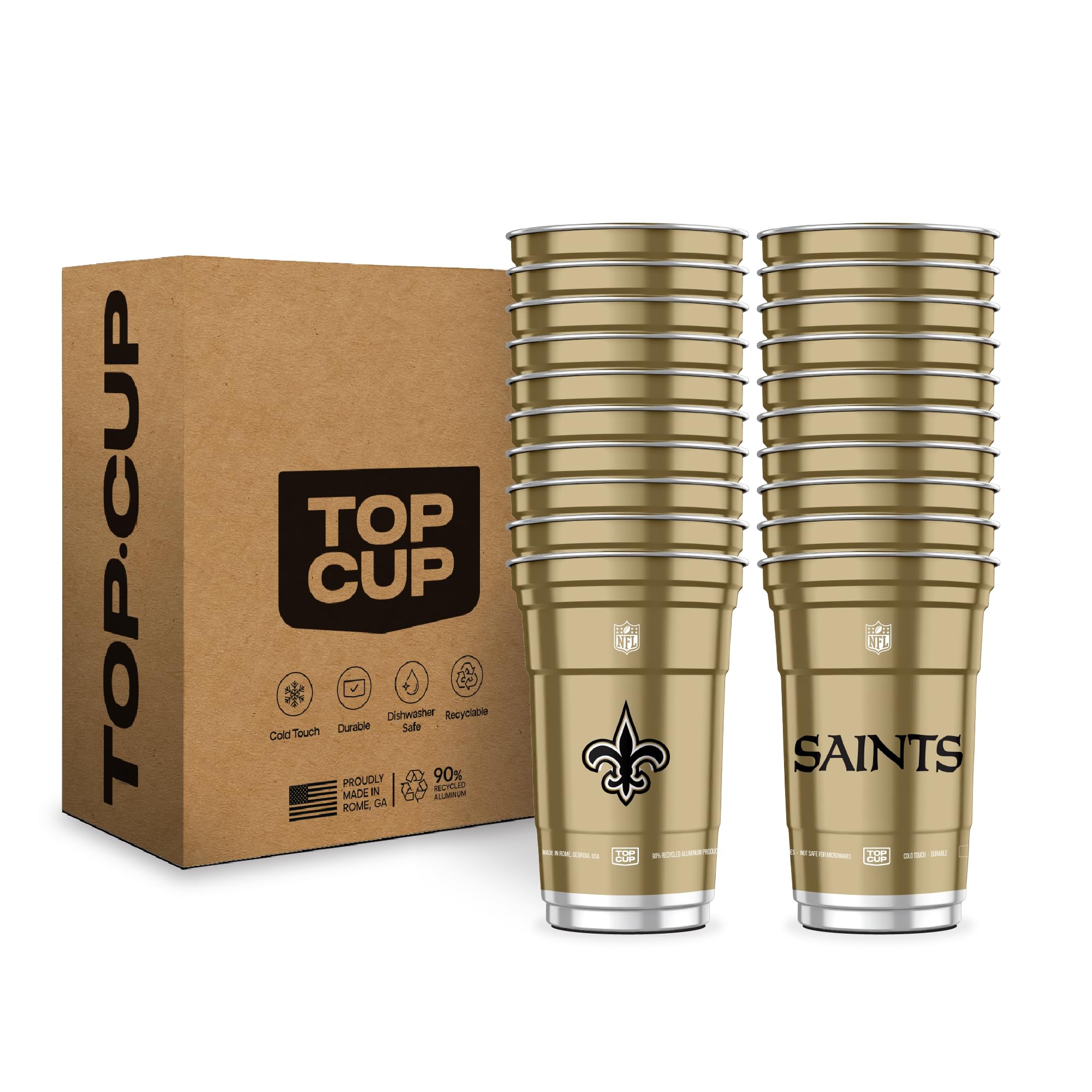 Top Cup NFL New Orleans Saints 20 oz Reusable Aluminum Cups 20 Count | Officially Licensed, Durable, Reusable & Recyclable, Made in USA