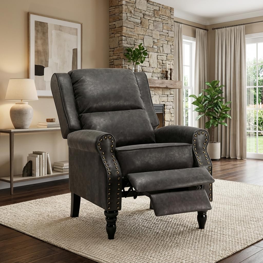 Leather Recliner Chair, Pushback Recliner Chair with Overstuffed Arms Lumbar Support, Mid Modern Pushback Recliners Chair with Adjustable Backrest Footrest for Reading, Living Room, Black