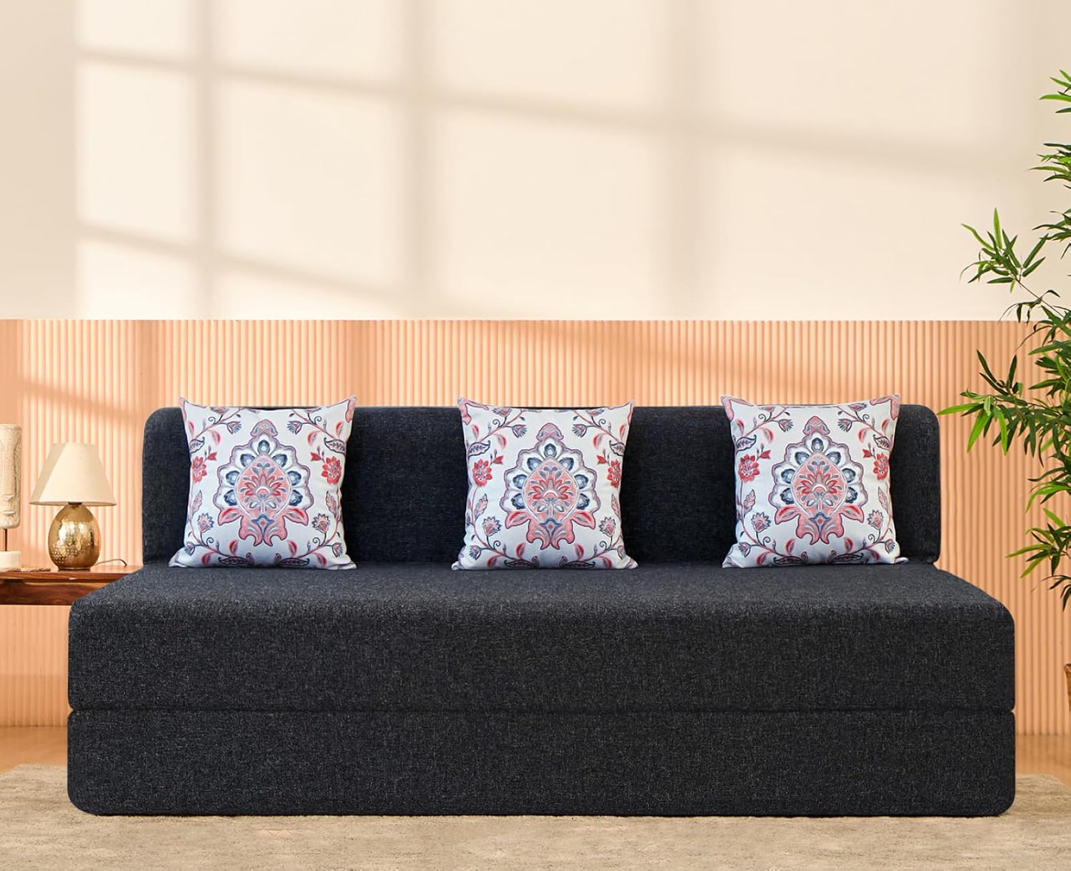 uberlyfe 3 Seater Sofa Cum Bed | Jute Fabric Washable Cover | 3 Cushions Pink Morpankh Pattern | Dark Grey | 6′ X 6′ Feet uberlyfe 3 Seater Sofa Cum Bed | Jute Fabric Washable Cover | 3 Cushions Pink Morpankh Pattern | Dark Grey | 6′ X 6′ Feet