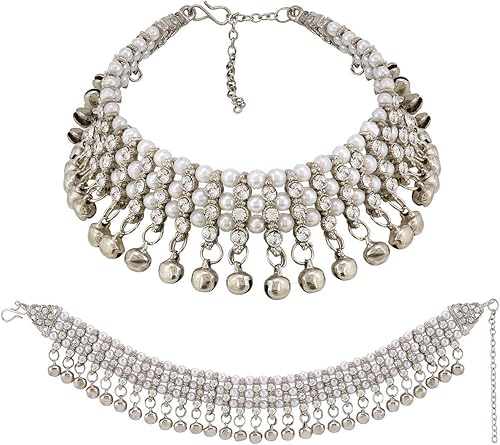 Efulgenz Silver Anklets with Crystal & Faux Pearl - Indian Women's Bell Anklets & Ghungroo Ankle Bracelets