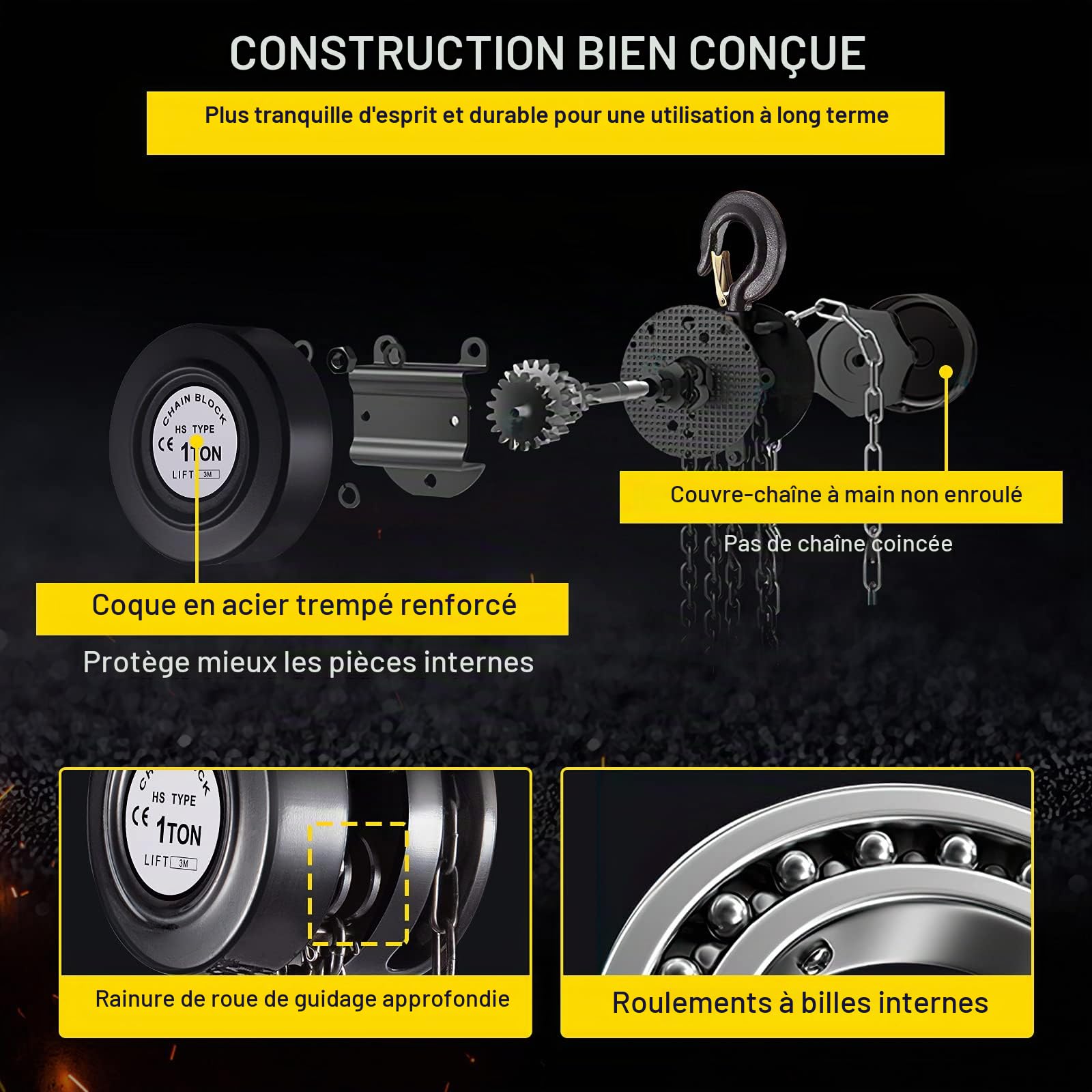 VEVOR Palan à chaîne manuel, capacité de 1 t, bloc de chaîne manuel de levage de 3 m, avec construction en acier de qualité industrielle pour le levage de biens dans le transport et l'atelier, noir