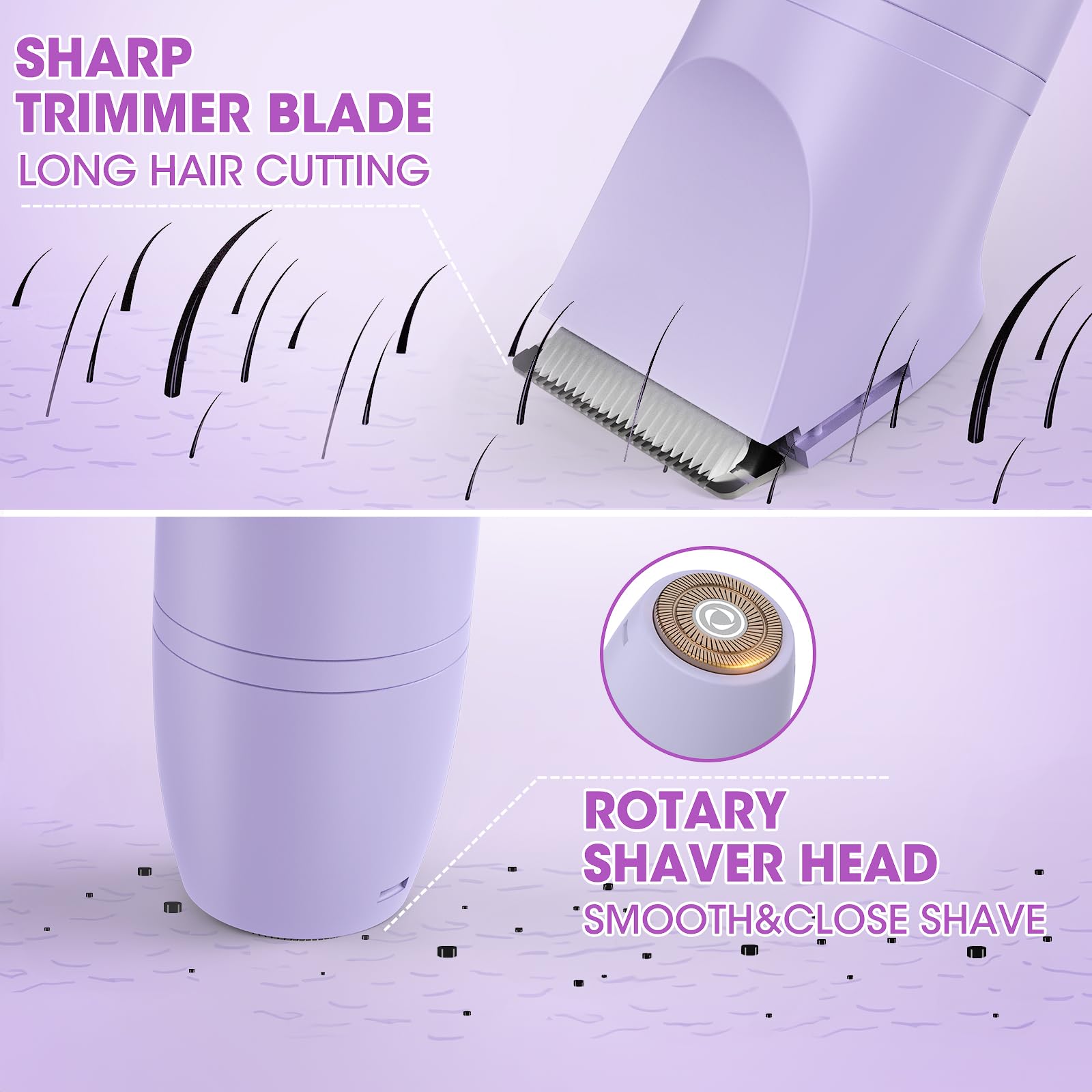 Rasoio elettrico per bikini da donna, kit 3 in 1 per la rimozione dei peli del corpo, per viso, pubico, braccia, gambe, ascelle, trimmer bikini, indolore, IPX6, impermeabile, ricaricabile, portatile