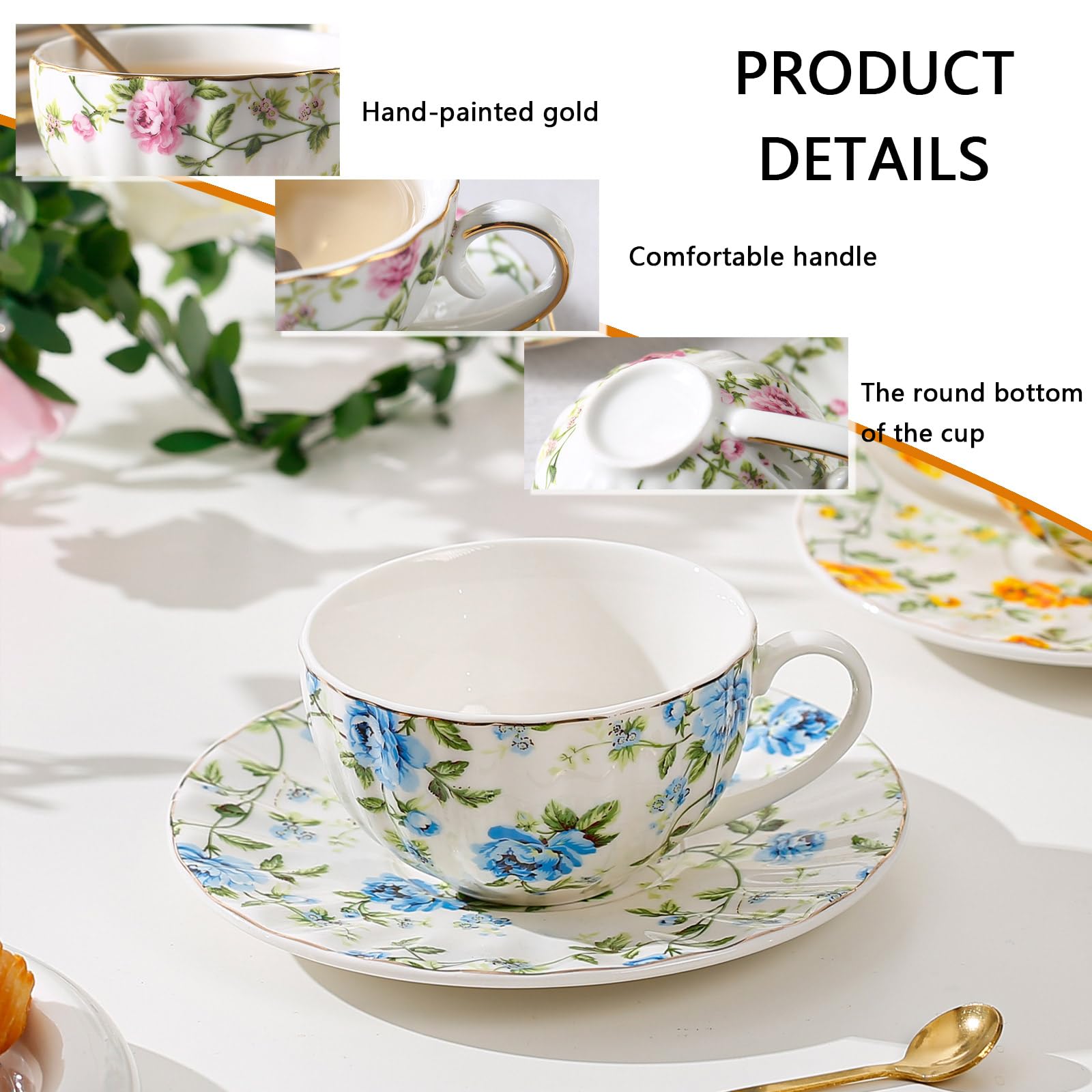 Vintage Rose Porzellan Kaffeetasse 200ml - Rosa Blumen Mit Goldrand Inkl. Untertasse